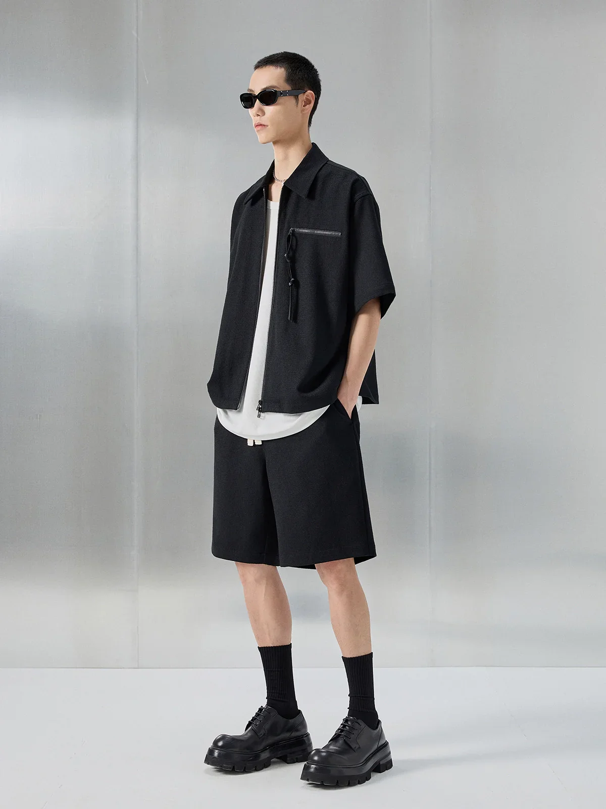Acetate Bouclé Zip Shirt & Shorts Set
