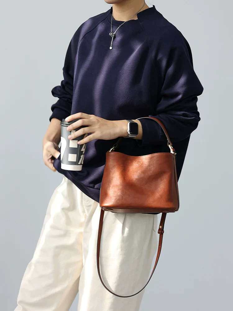 All-Season Leather Crossbody Bucket Bag
