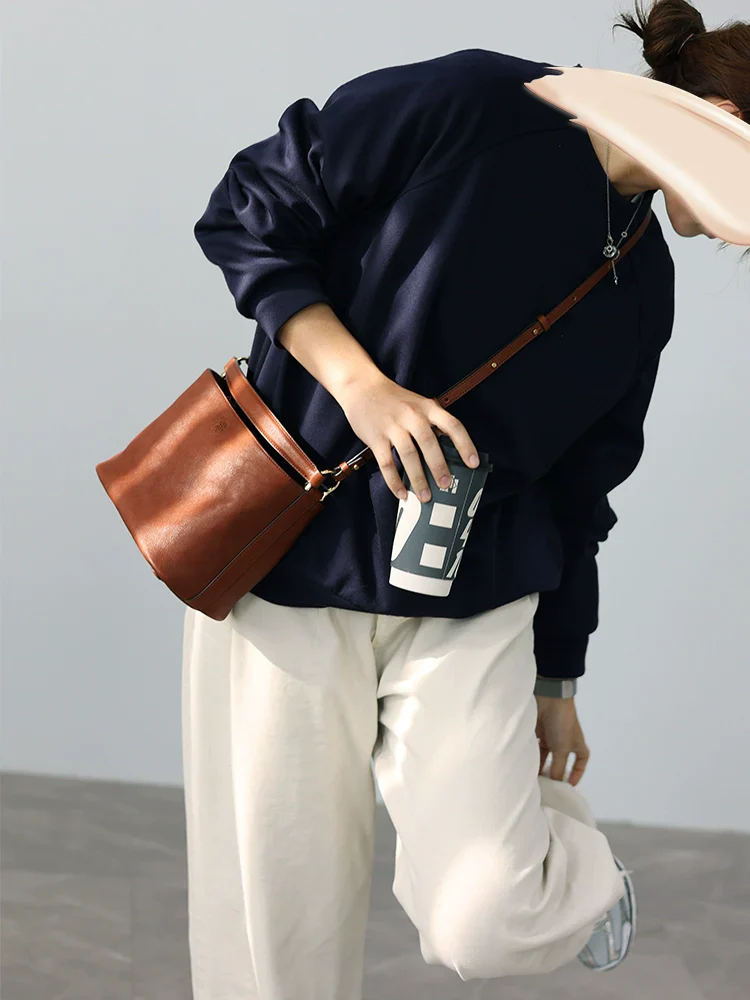All-Season Leather Crossbody Bucket Bag - Image 5