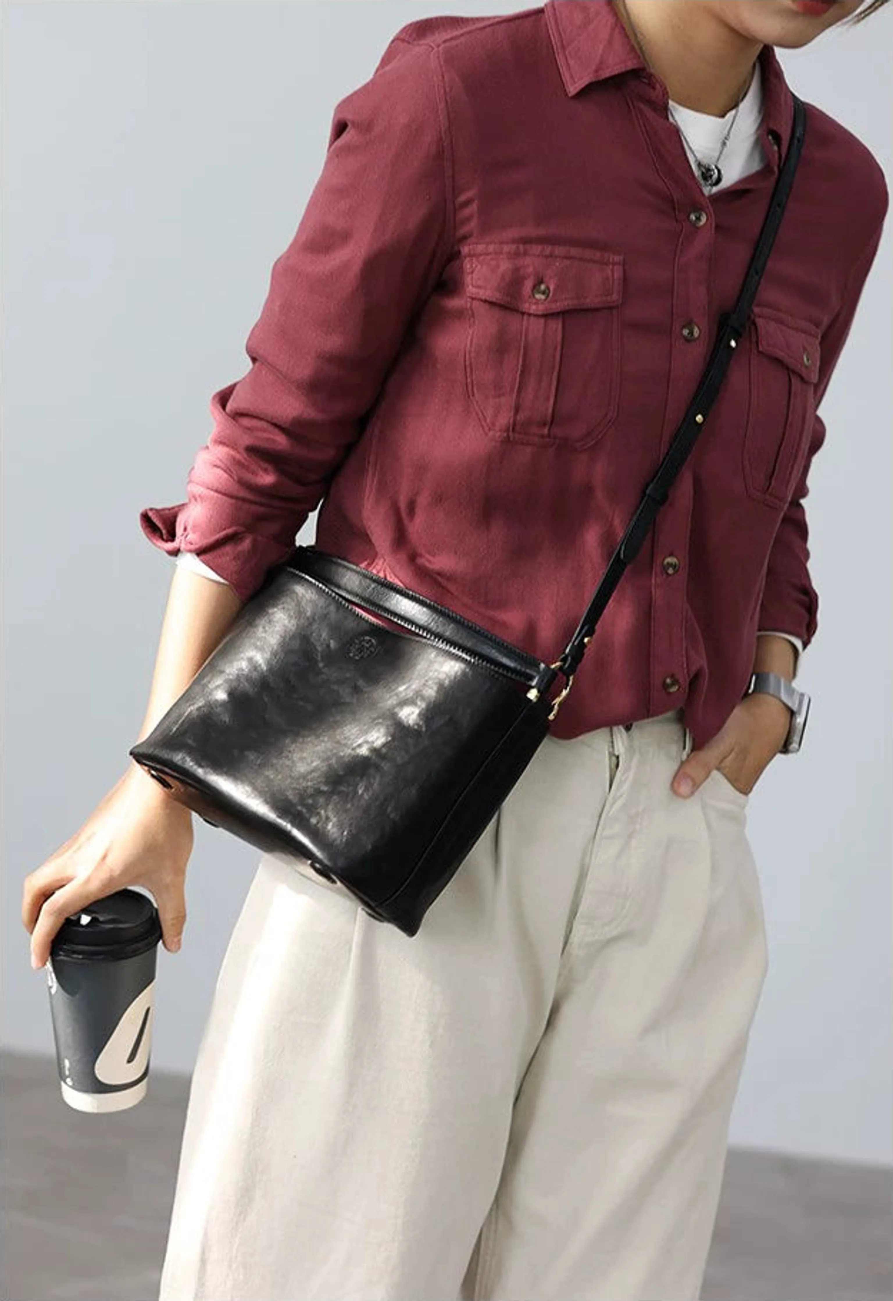 All-Season Leather Crossbody Bucket Bag - Image 6