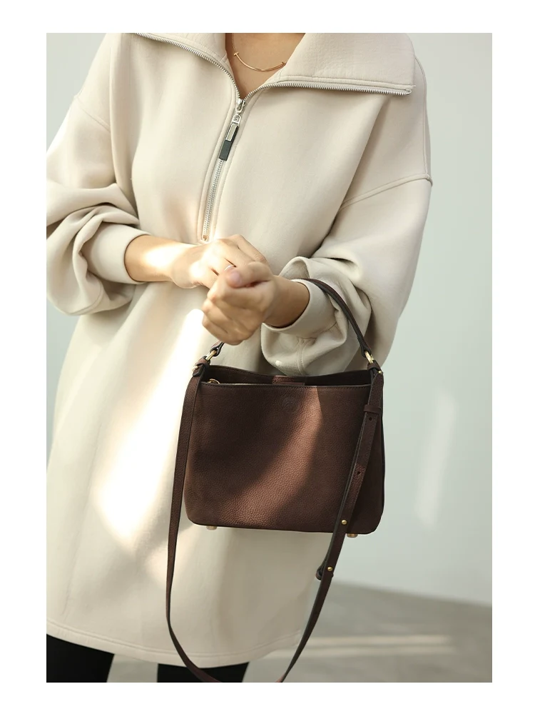 All-Season Leather Crossbody Bucket Bag - Image 9