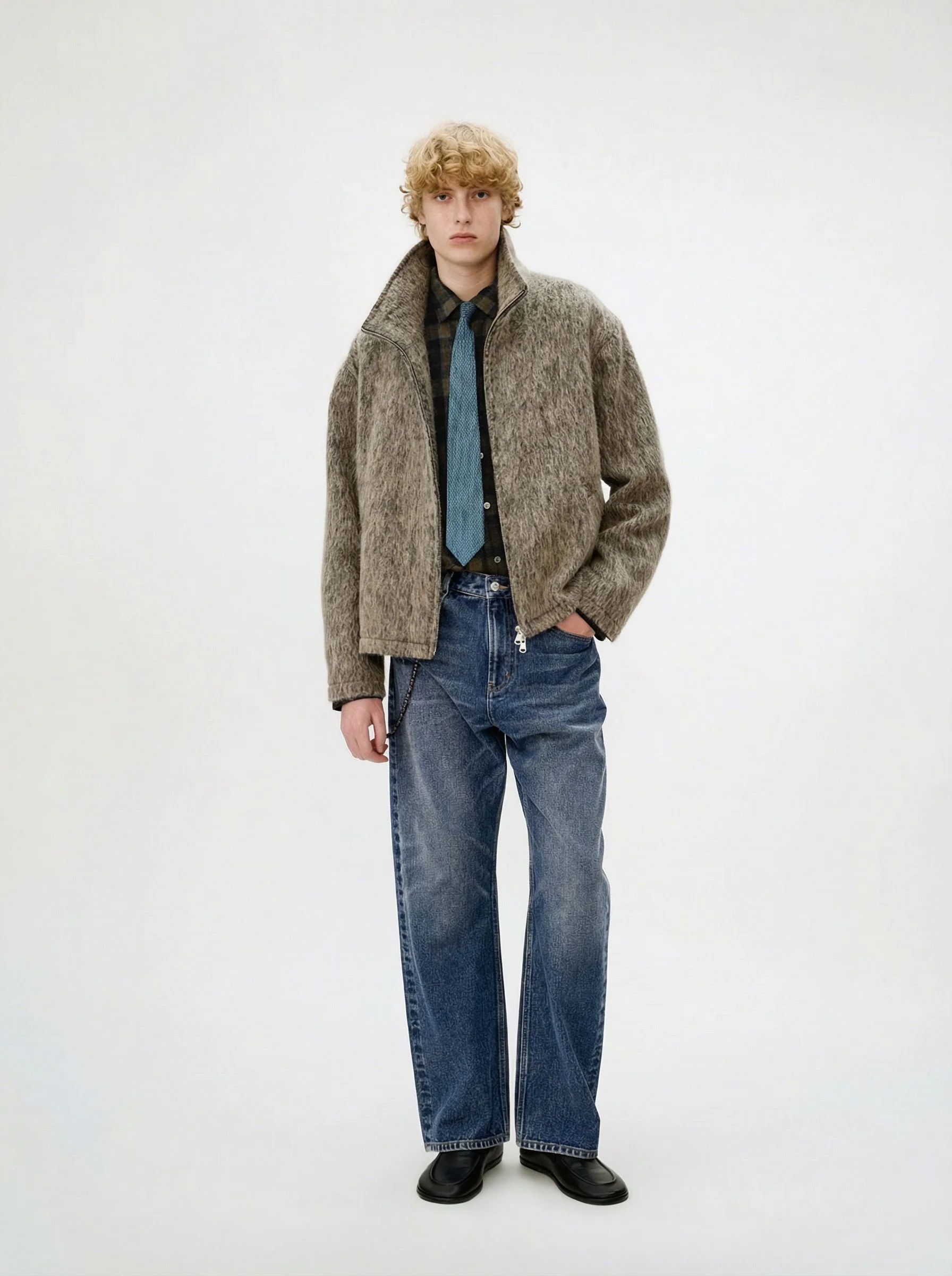 Alpaca Blend Long-Pile Stand Collar Zip Jacket