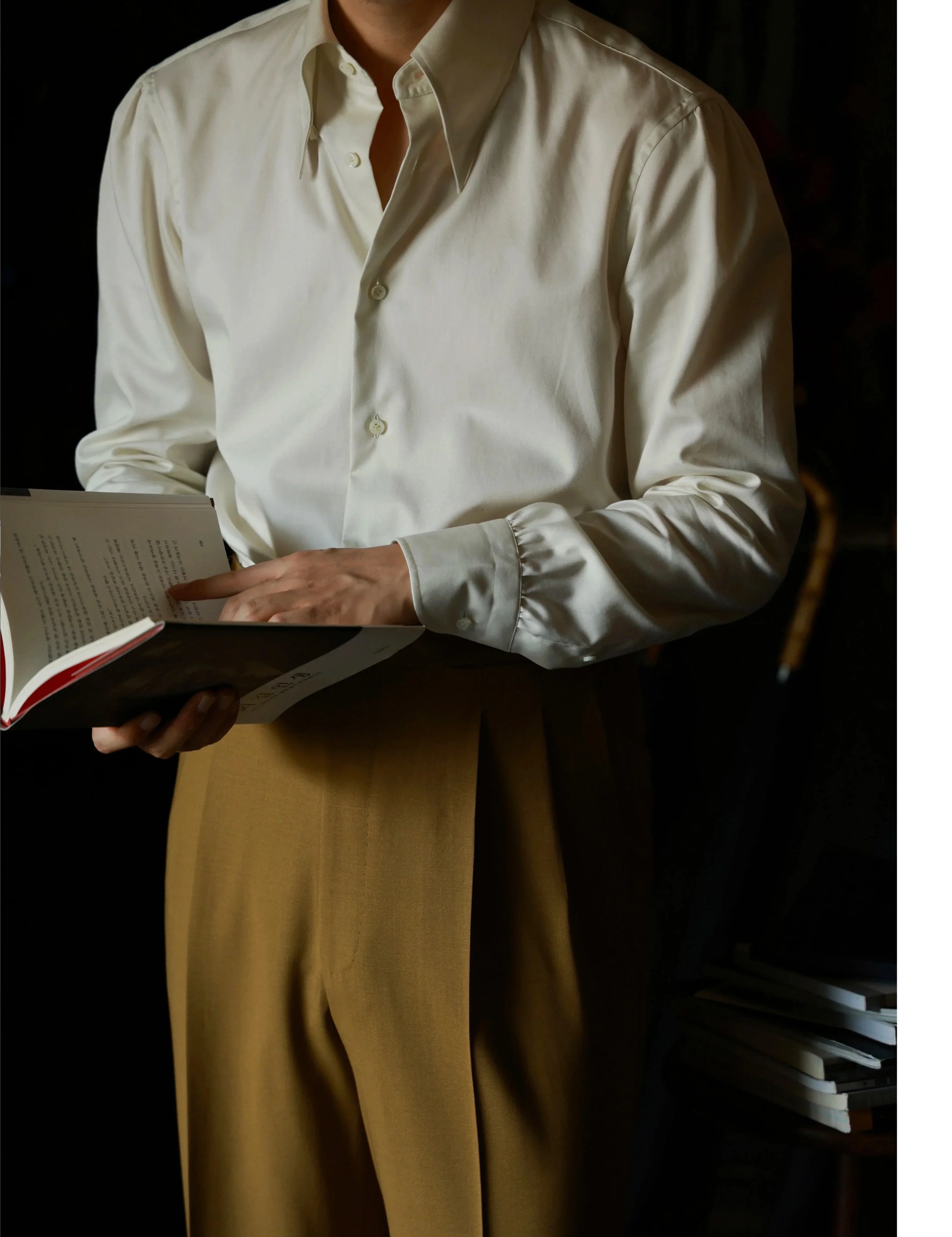 Antique Cream White Satin Cotton Godfather Collar Shirt - Image 3