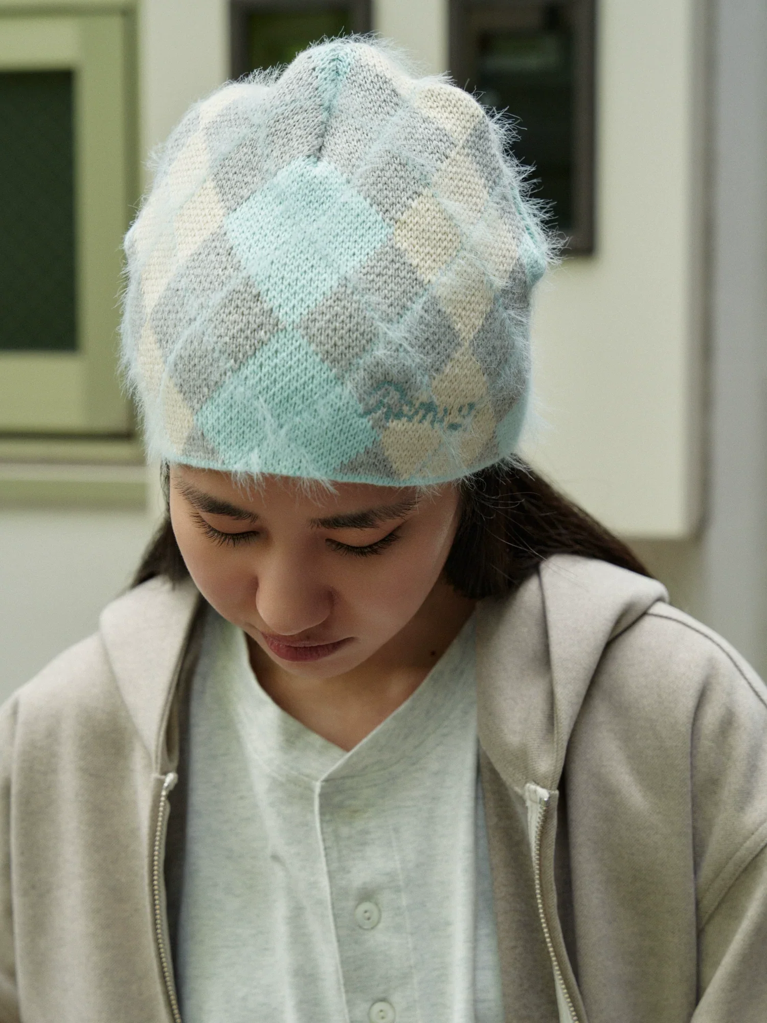Argyle Fuzzy Knit Beanie - Image 4