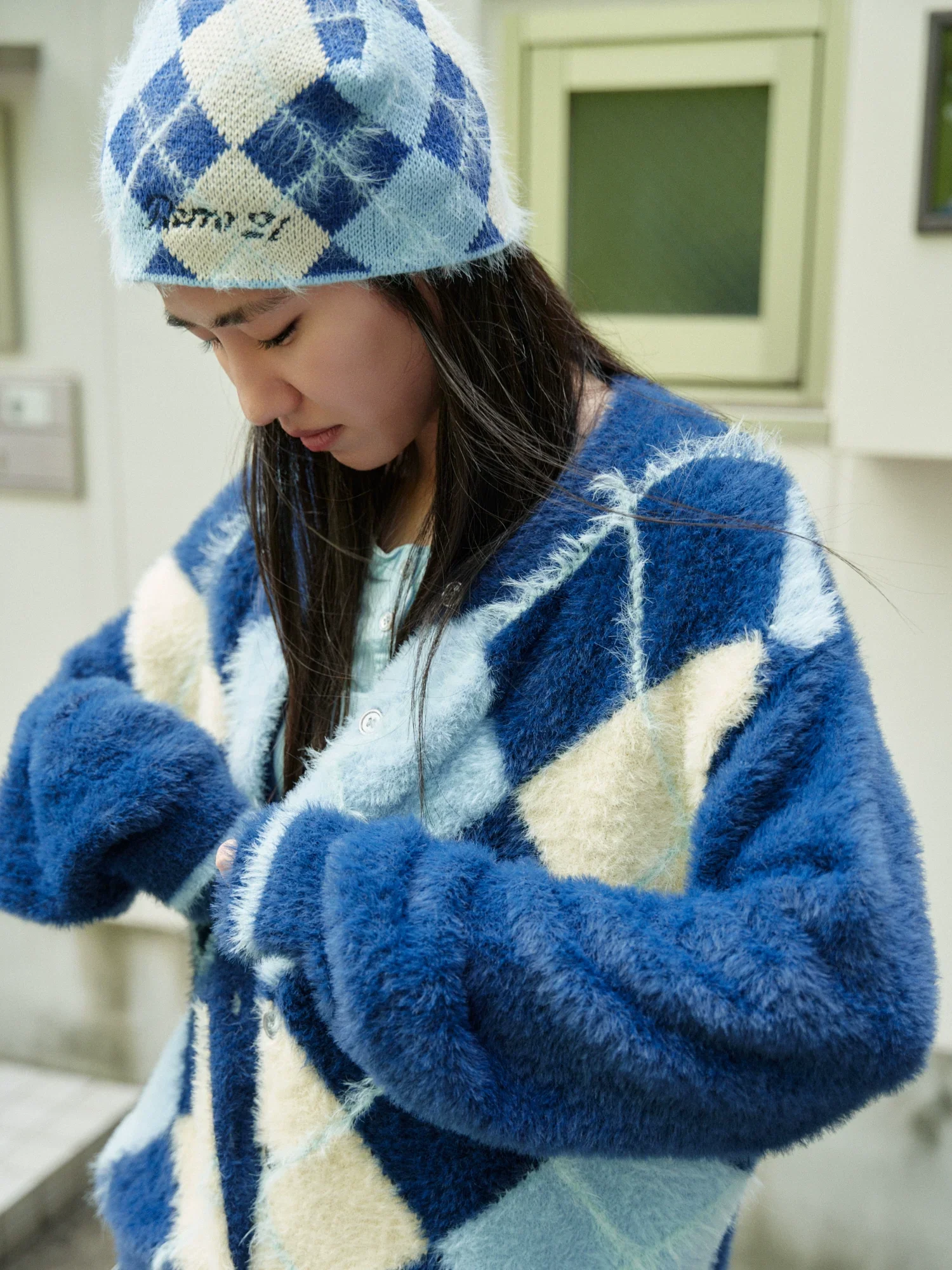 Argyle Fuzzy Knit Beanie - Image 5