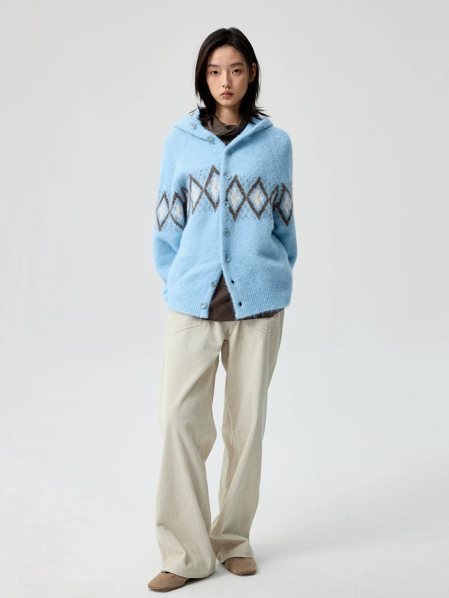 Argyle Jacquard Hooded Cardigan