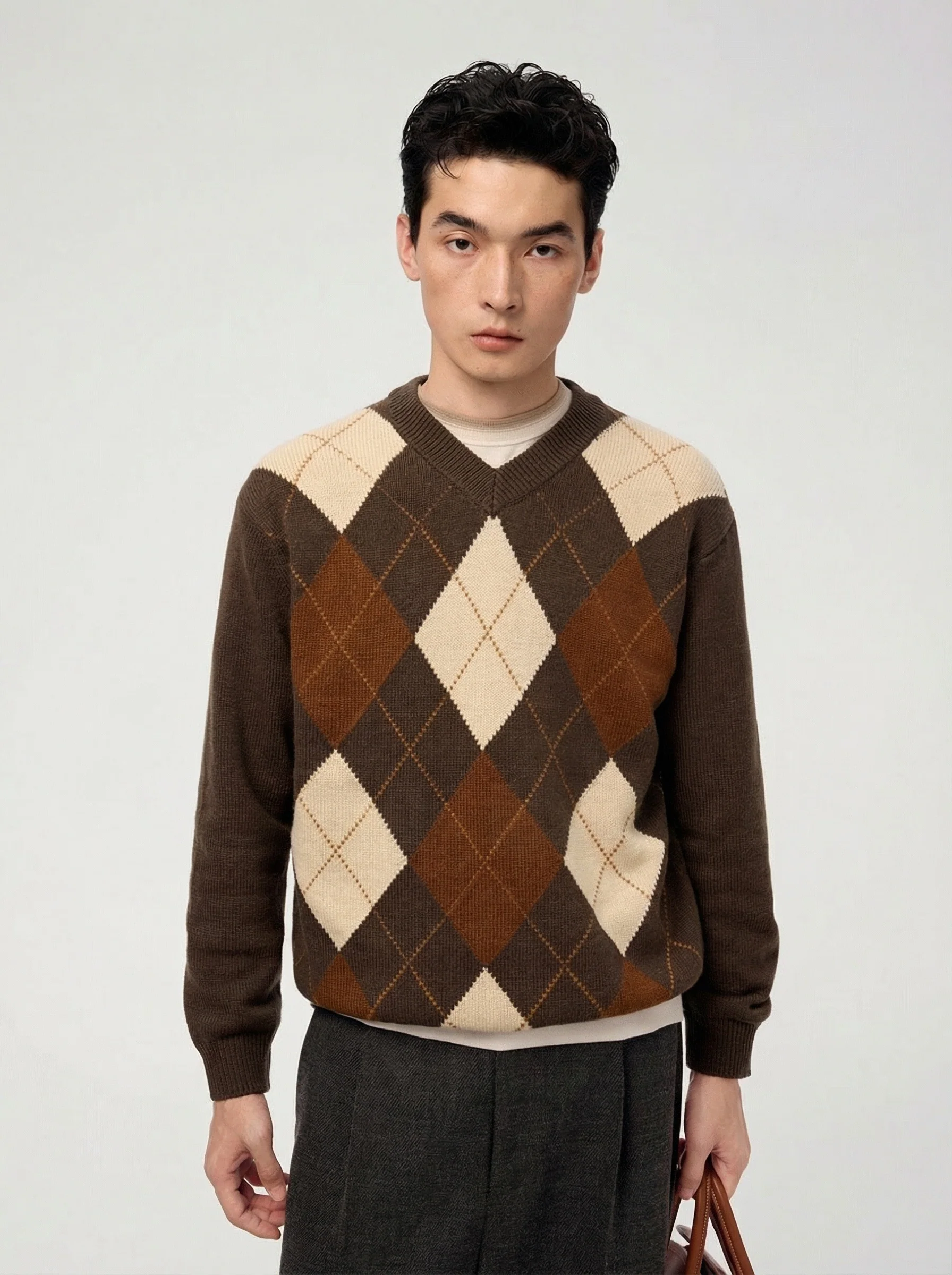 Argyle Wool V-Neck Sweater - Image 3