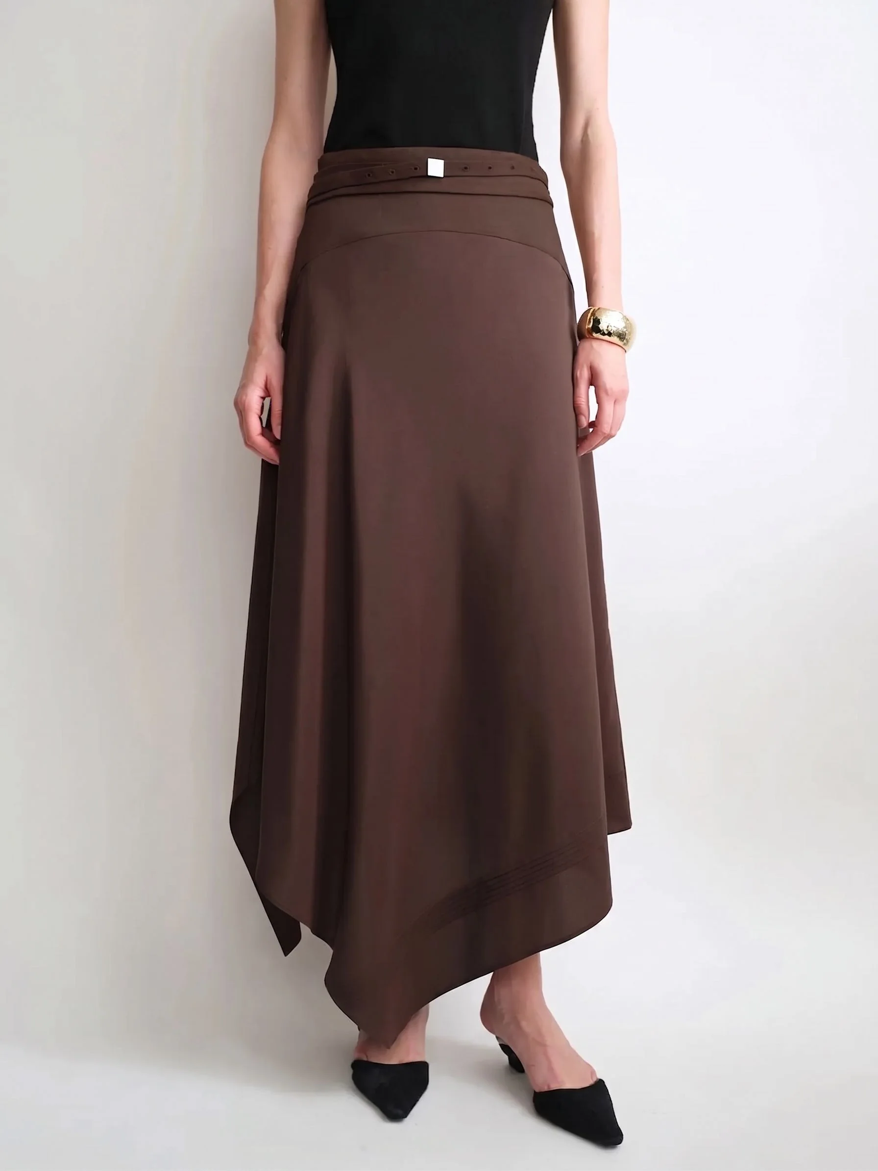 Asymmetric Belted Midi Skirt