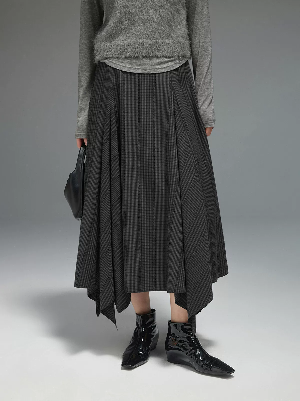 Asymmetric Check Midi Skirt