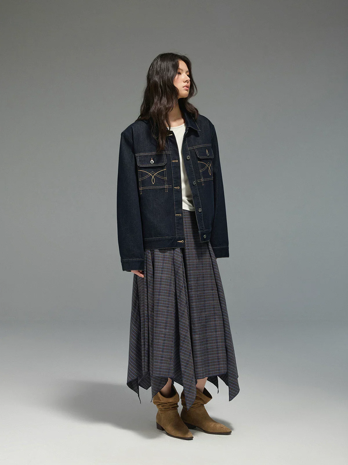 Asymmetric Check Midi Skirt - Image 3