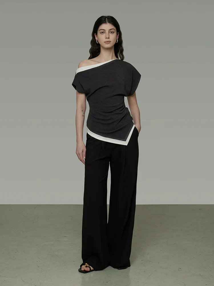 Asymmetric Contrast-Knit Top