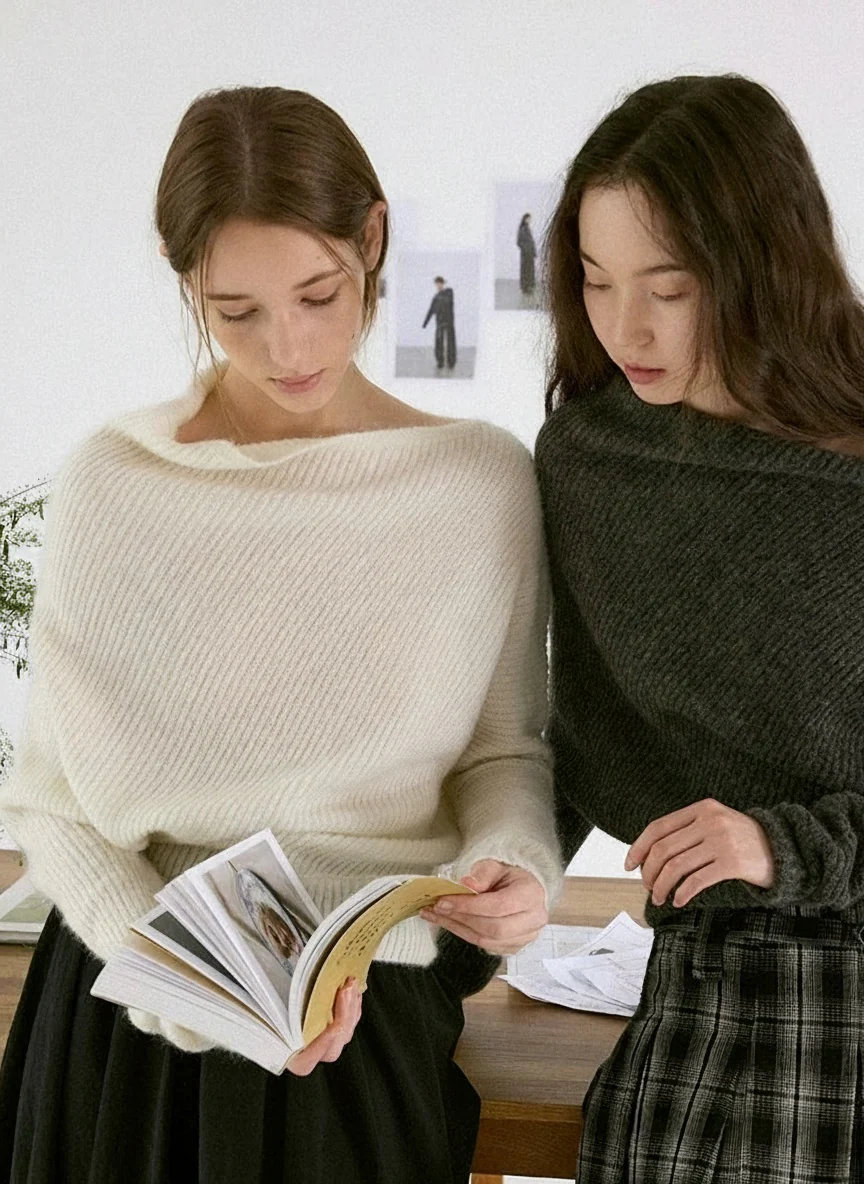 Asymmetric Mohair Off-Shoulder Sweater