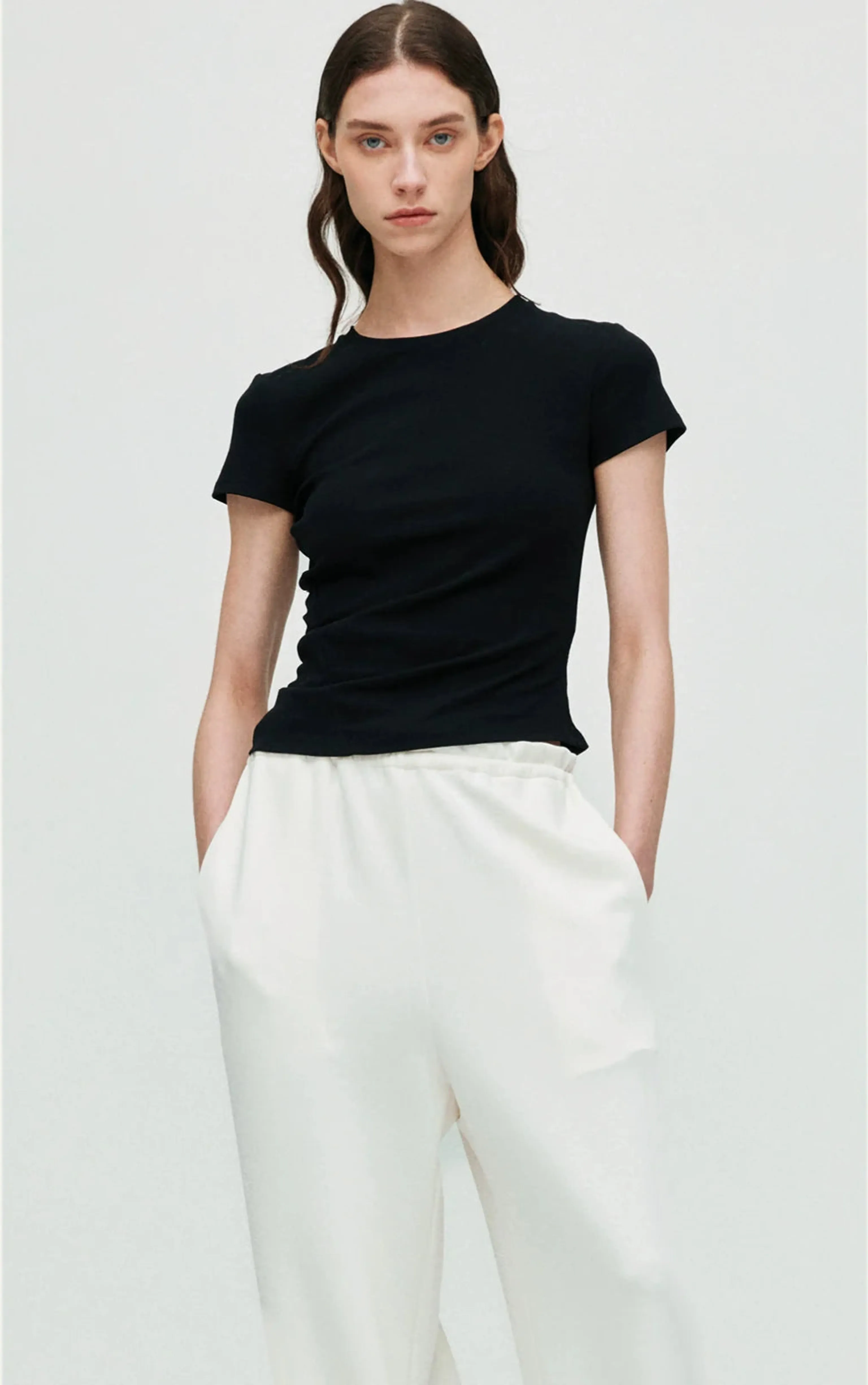 Asymmetric Pleated Cotton T-Shirt