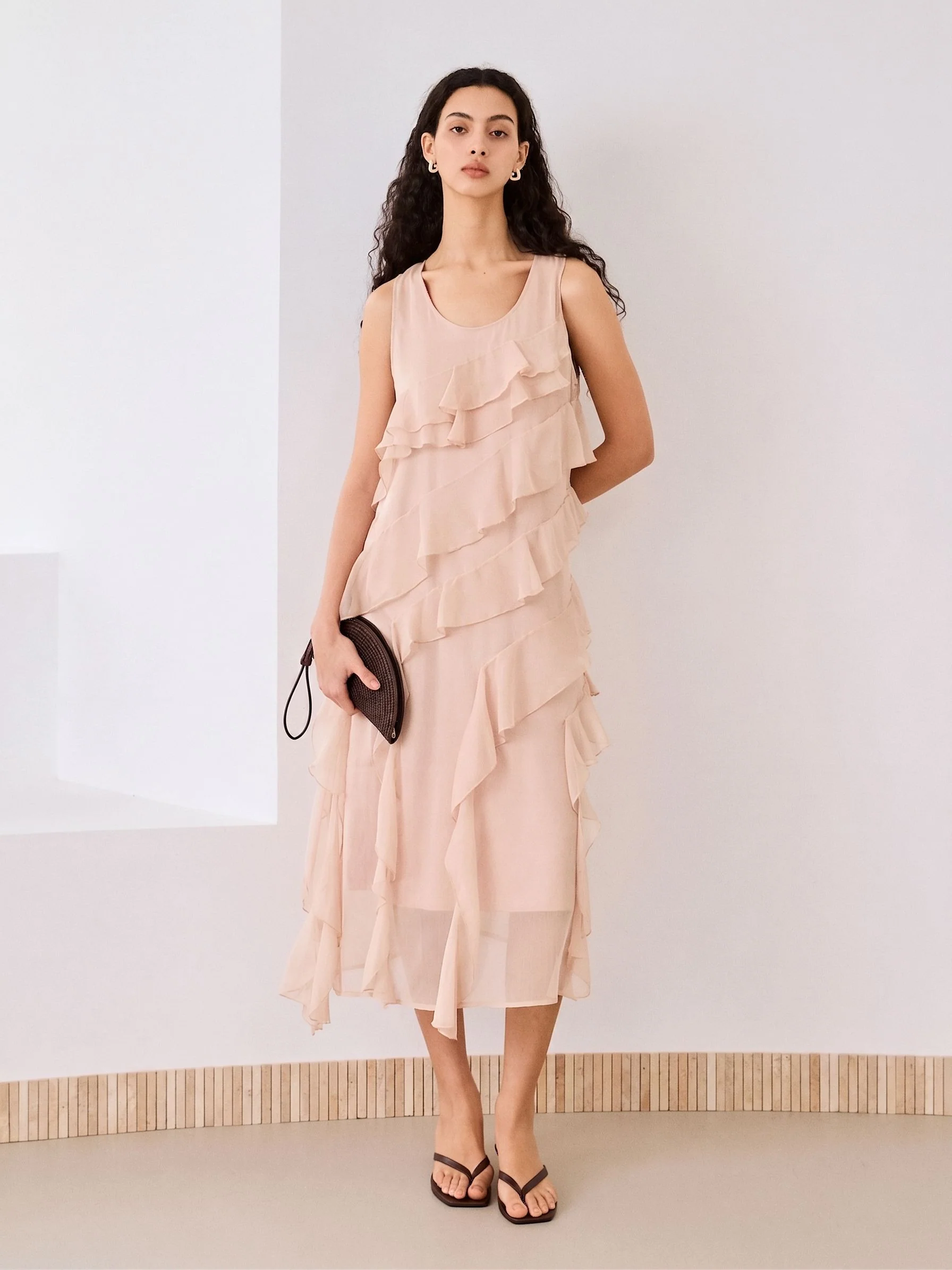 Asymmetric Ruffle Midi Dress