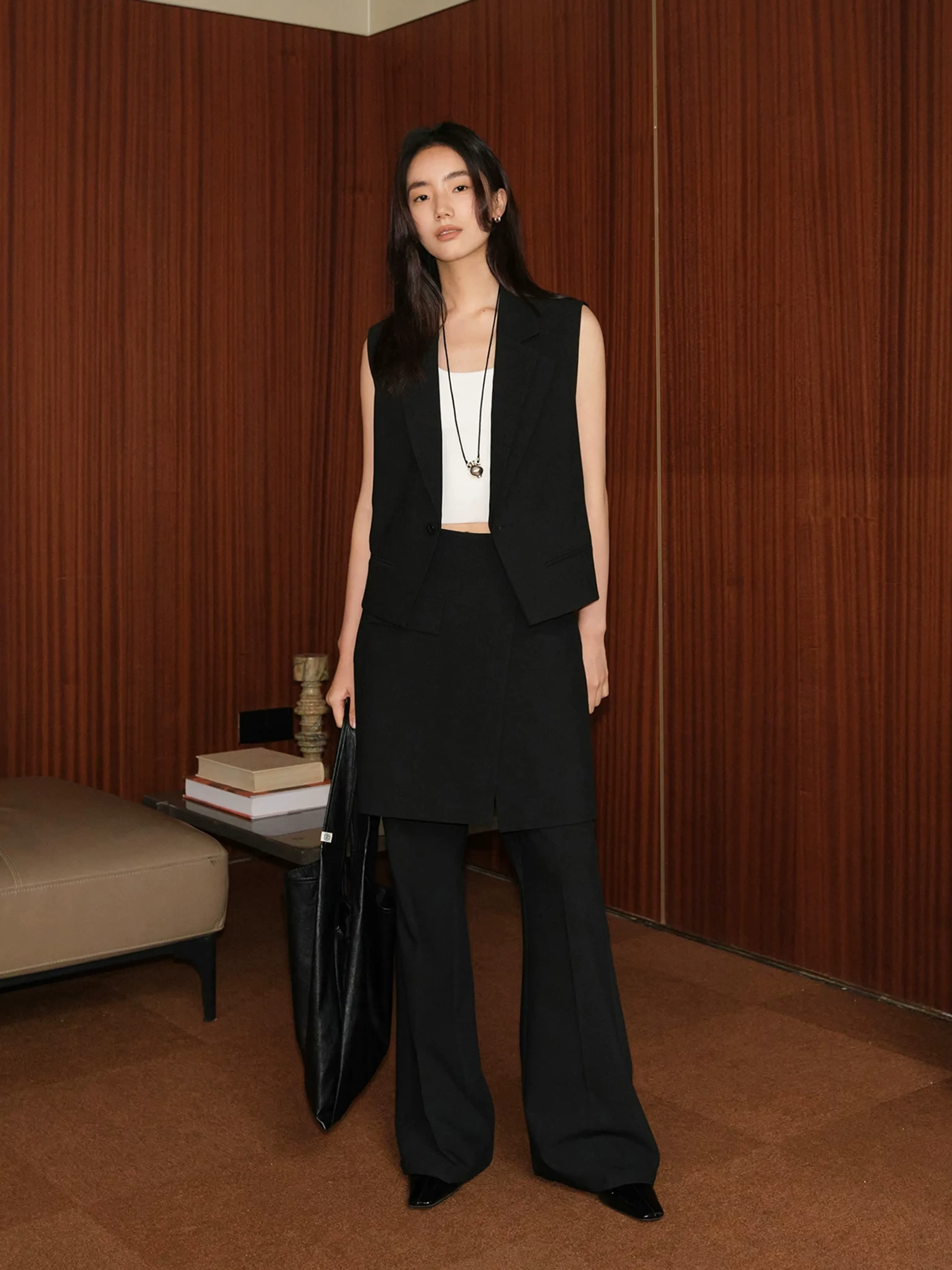 Asymmetrical Double-Lapel Suit Vest with Flared Skirt Pants