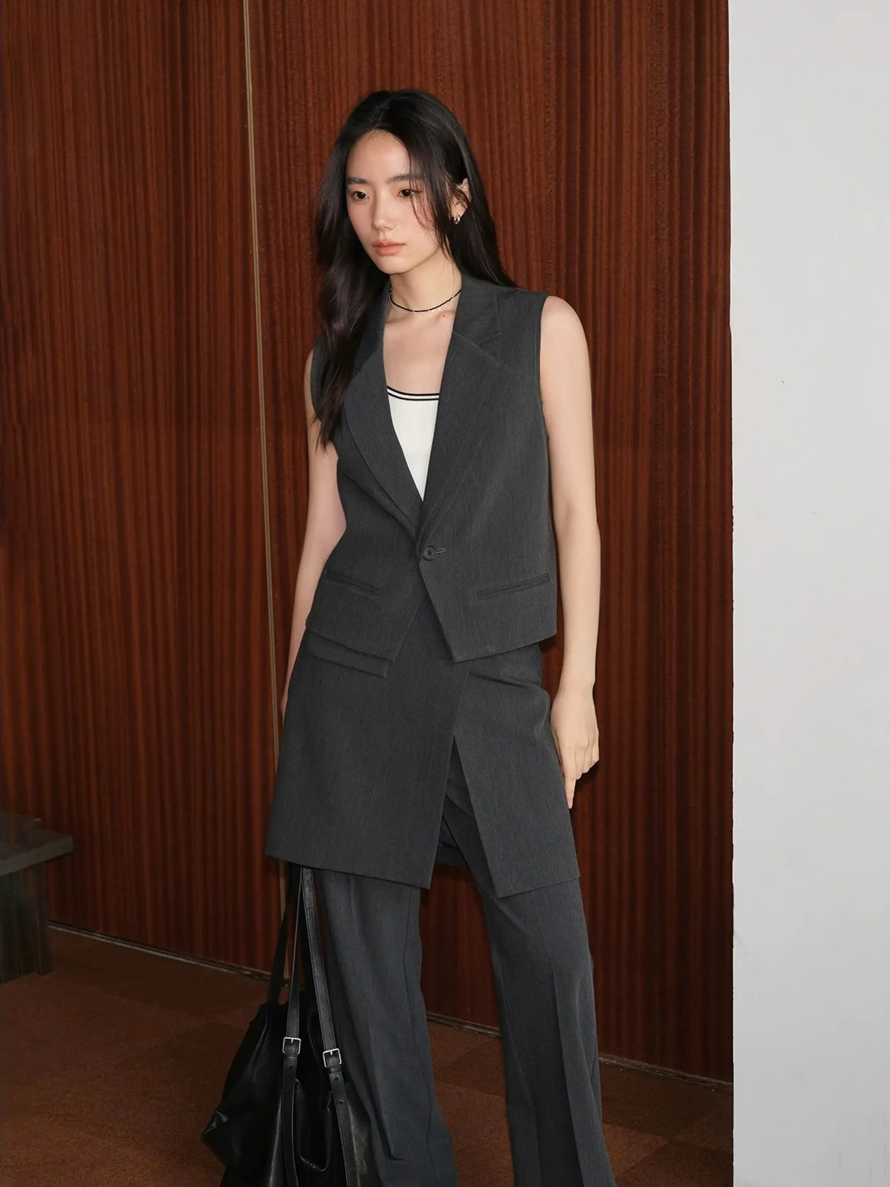 Asymmetrical Double-Lapel Suit Vest with Flared Skirt Pants - Image 2