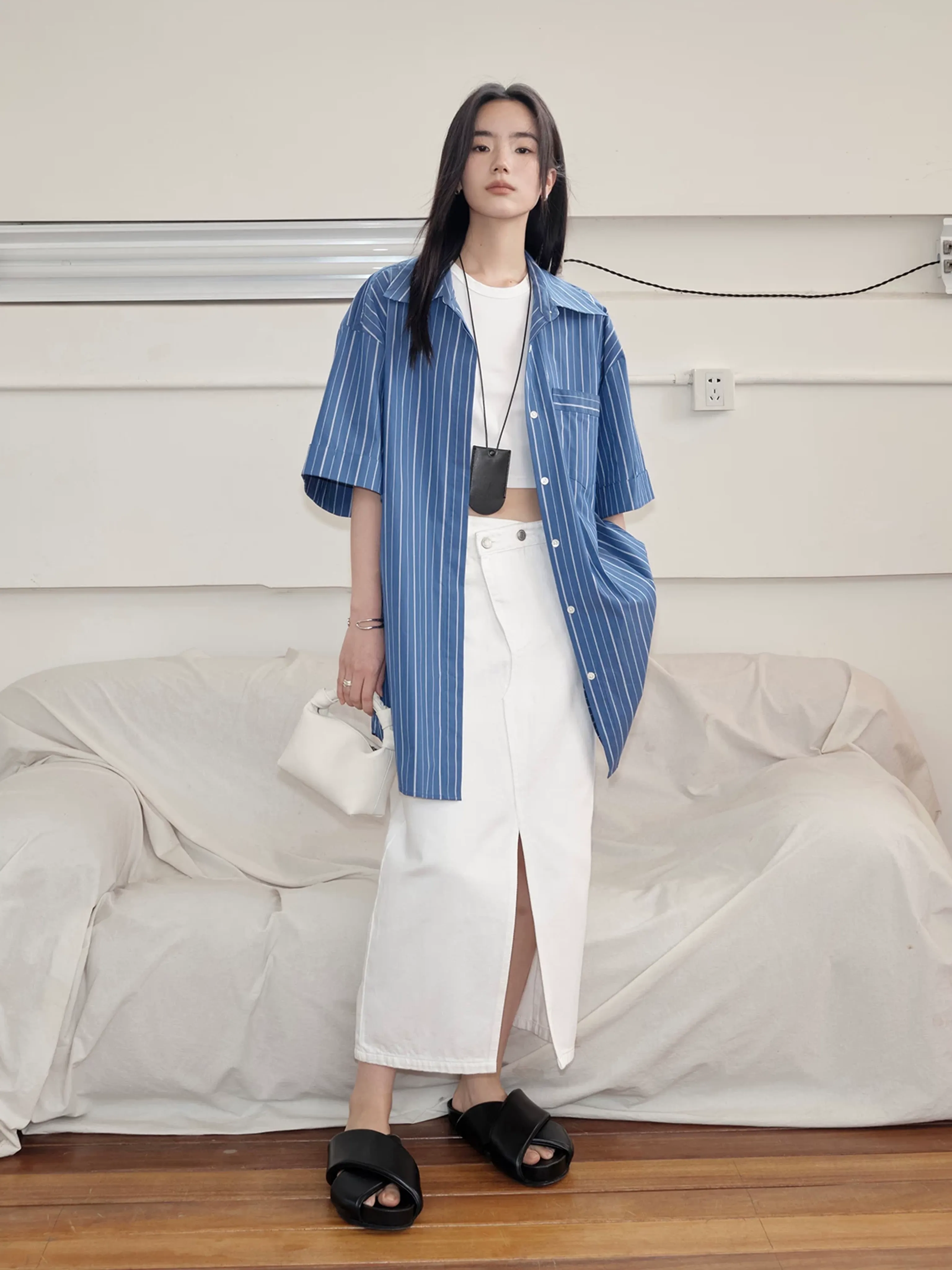 Asymmetrical Front Slit Denim Skirt - Image 2