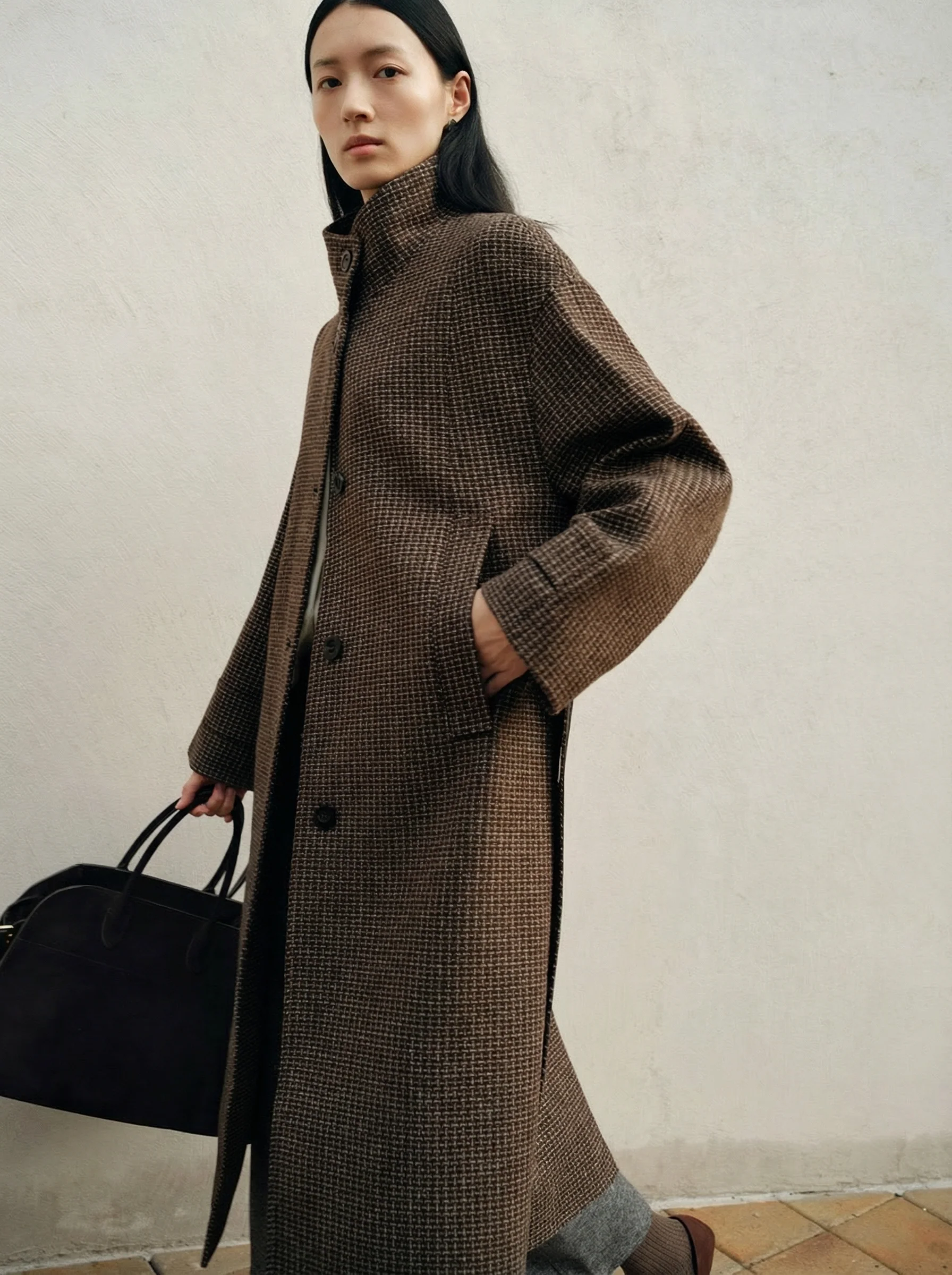 Australian Wool Micro-Check Stand-Collar Coat