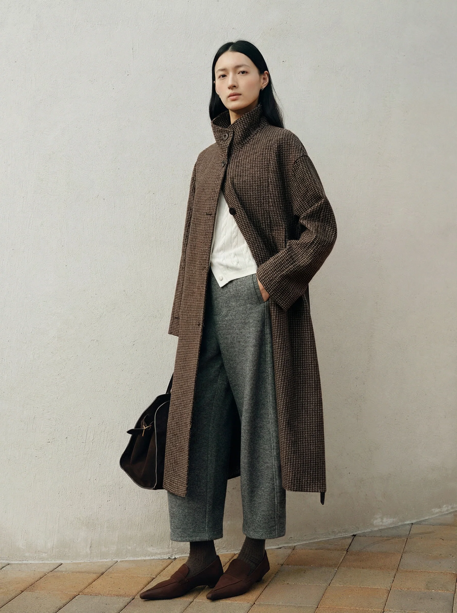 Australian Wool Micro-Check Stand-Collar Coat - Image 2