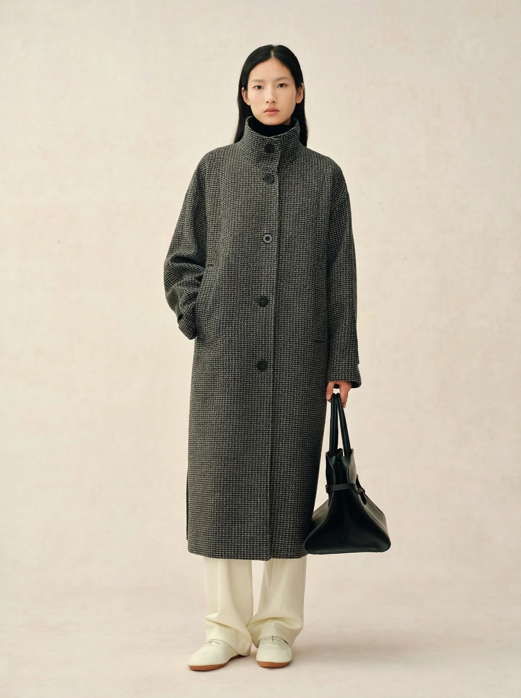 Australian Wool Micro-Check Stand-Collar Coat - Image 3
