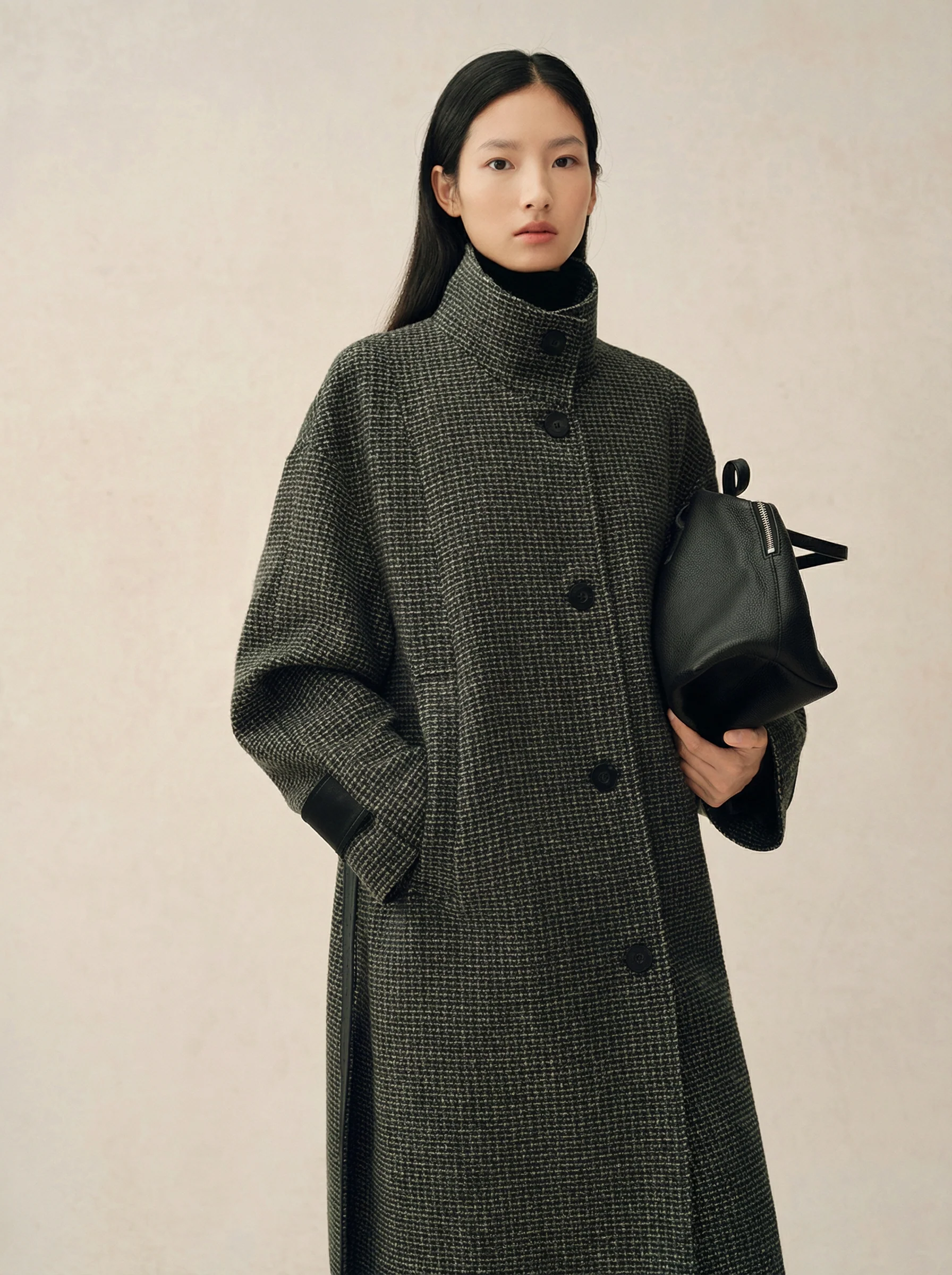 Australian Wool Micro-Check Stand-Collar Coat - Image 4