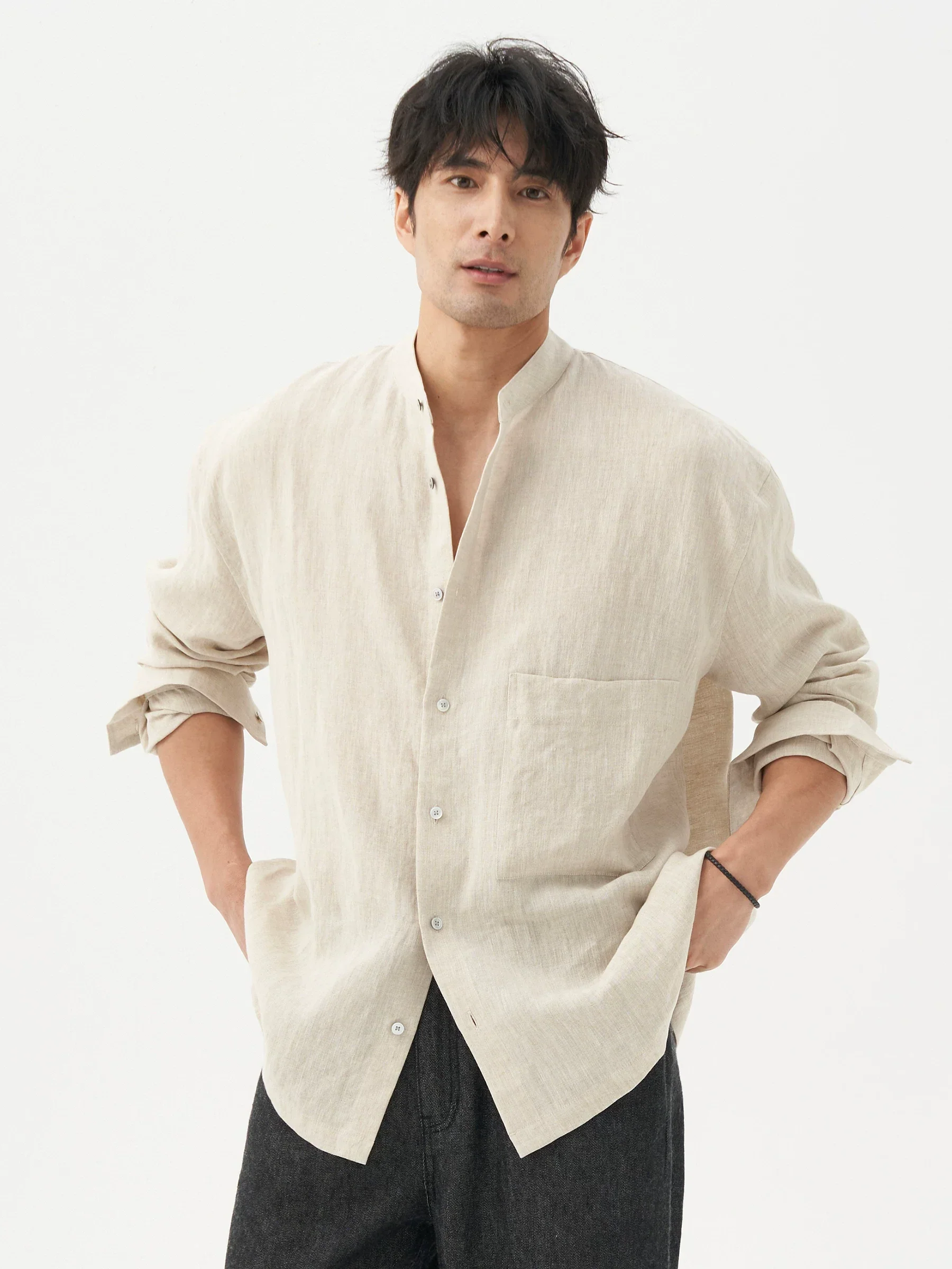 Band Collar Linen Shirt - Image 2