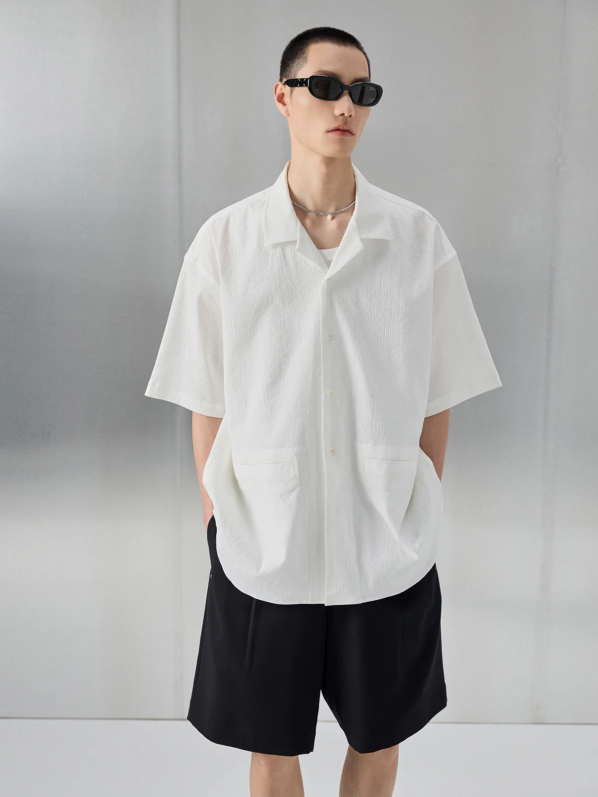 Bark-Textured Camp-Collar Shirt