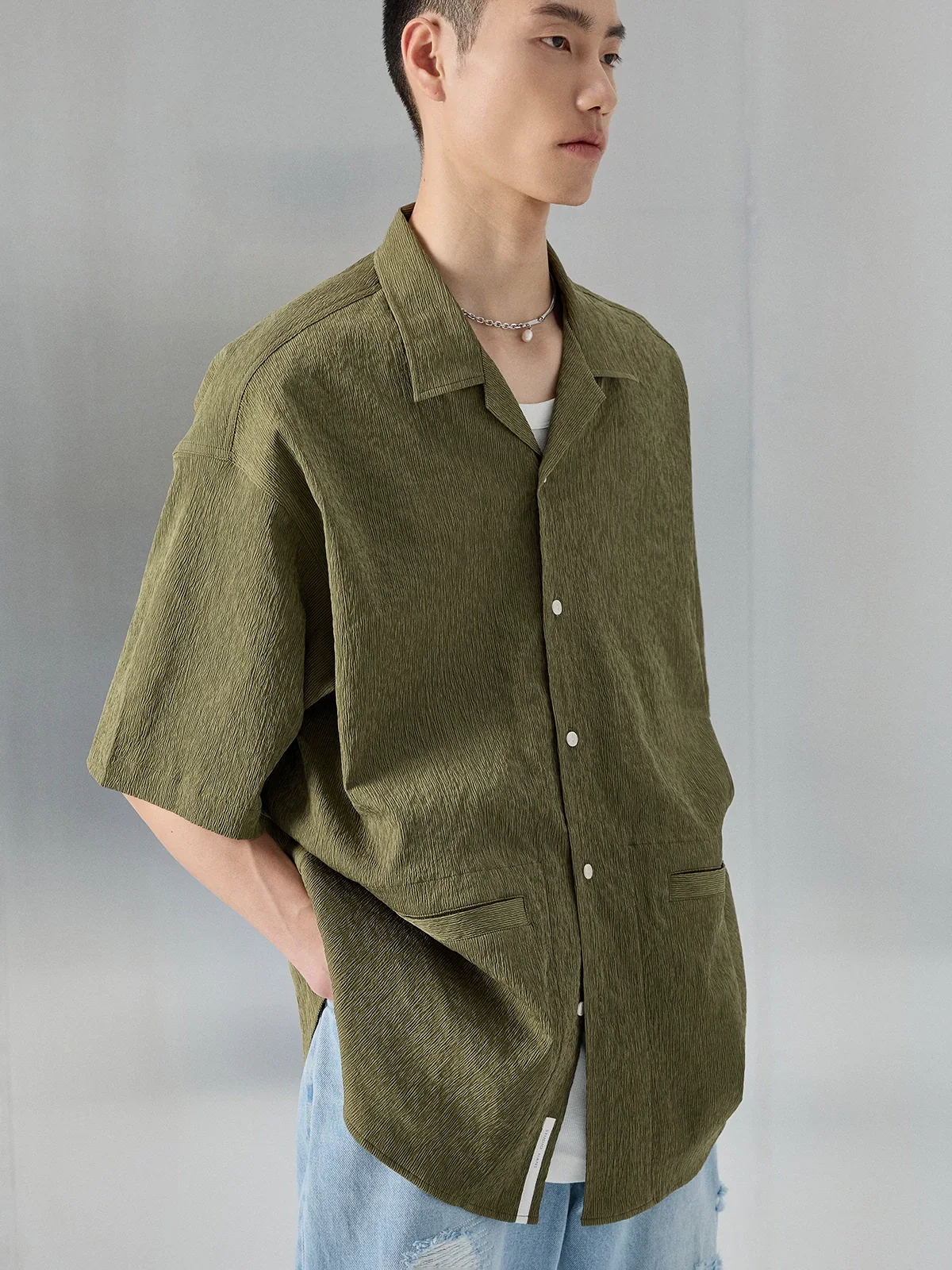Bark-Textured Camp-Collar Shirt - Image 2