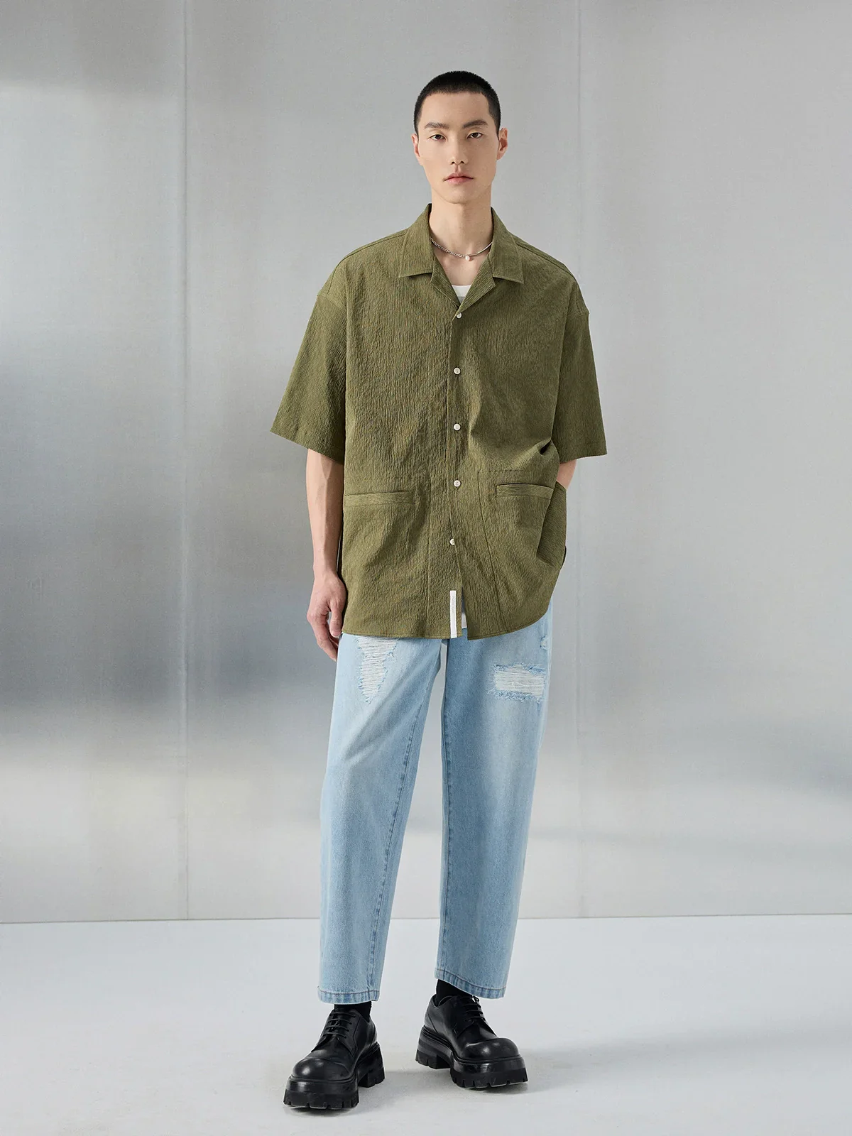 Bark-Textured Camp-Collar Shirt - Image 4