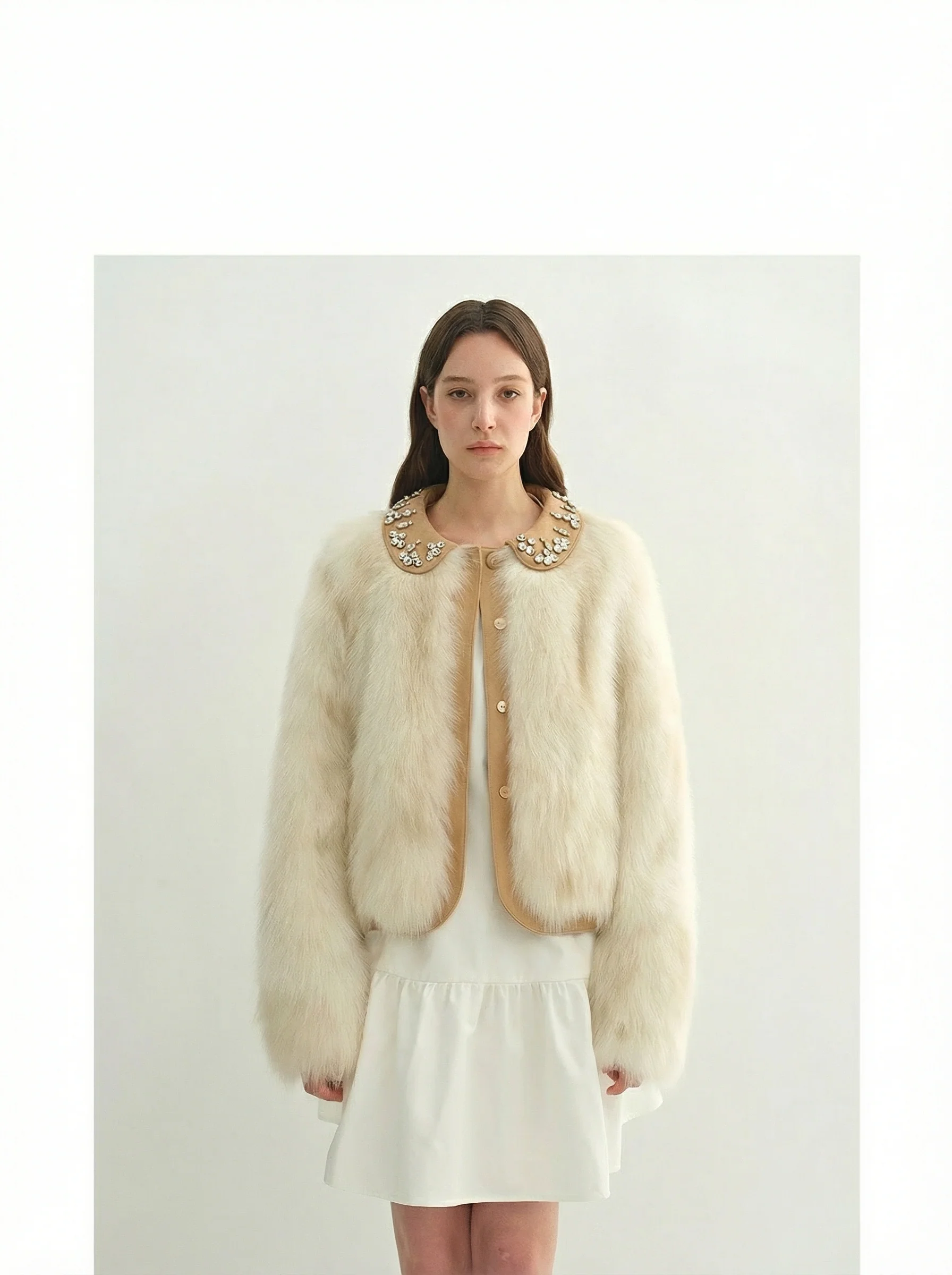 Beaded Suede-Collar Fox Fur Short Coat