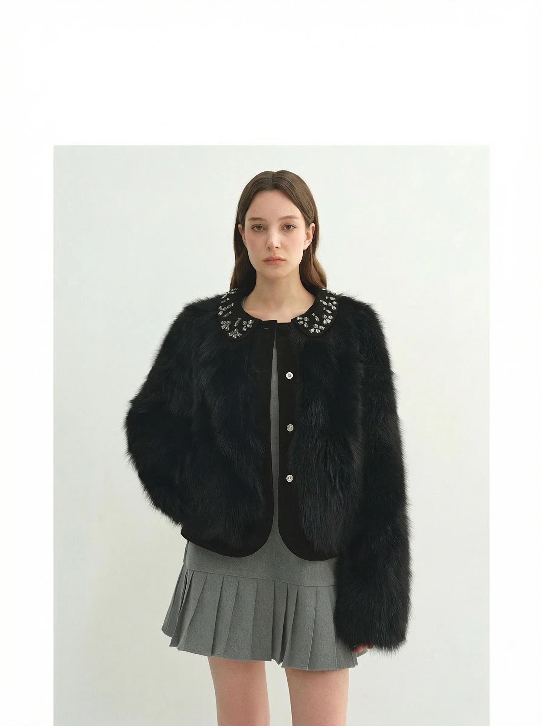 Beaded Suede-Collar Fox Fur Short Coat - Image 2