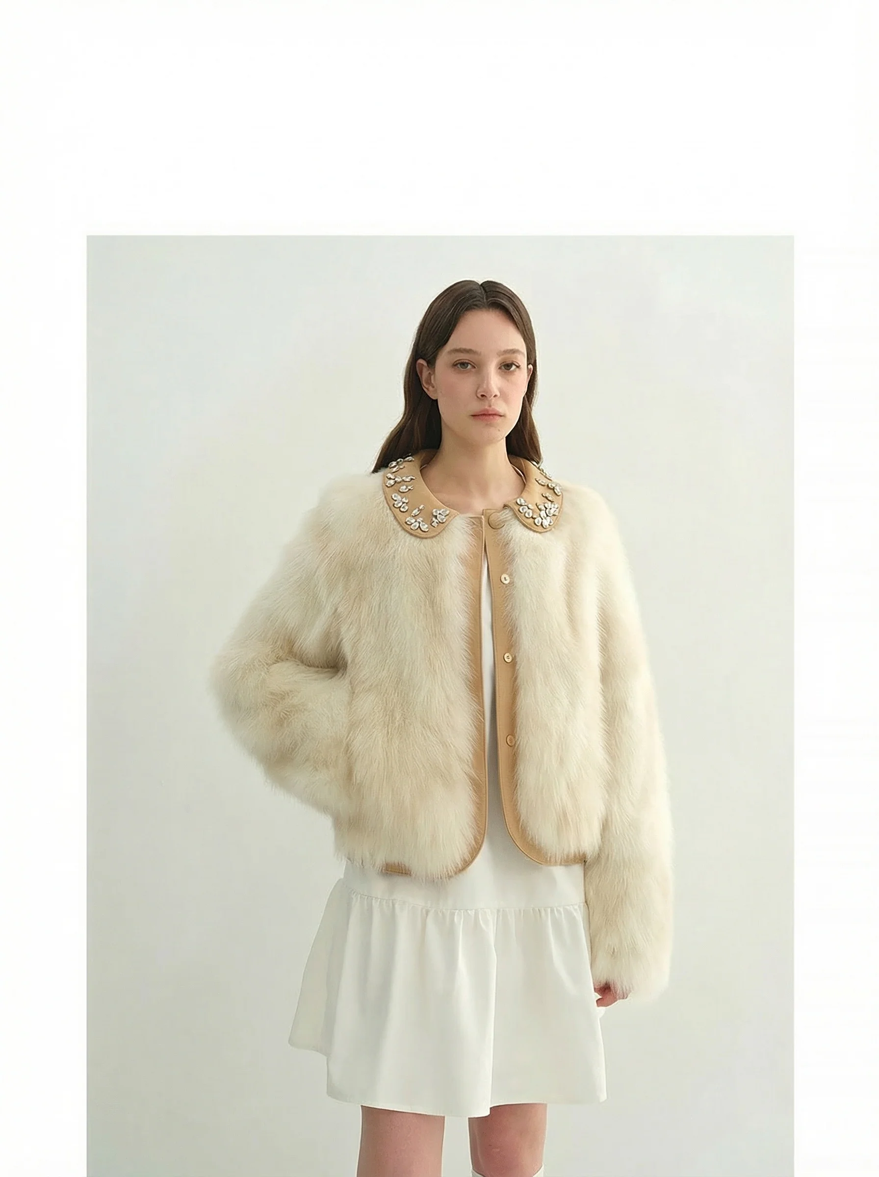 Beaded Suede-Collar Fox Fur Short Coat - Image 4