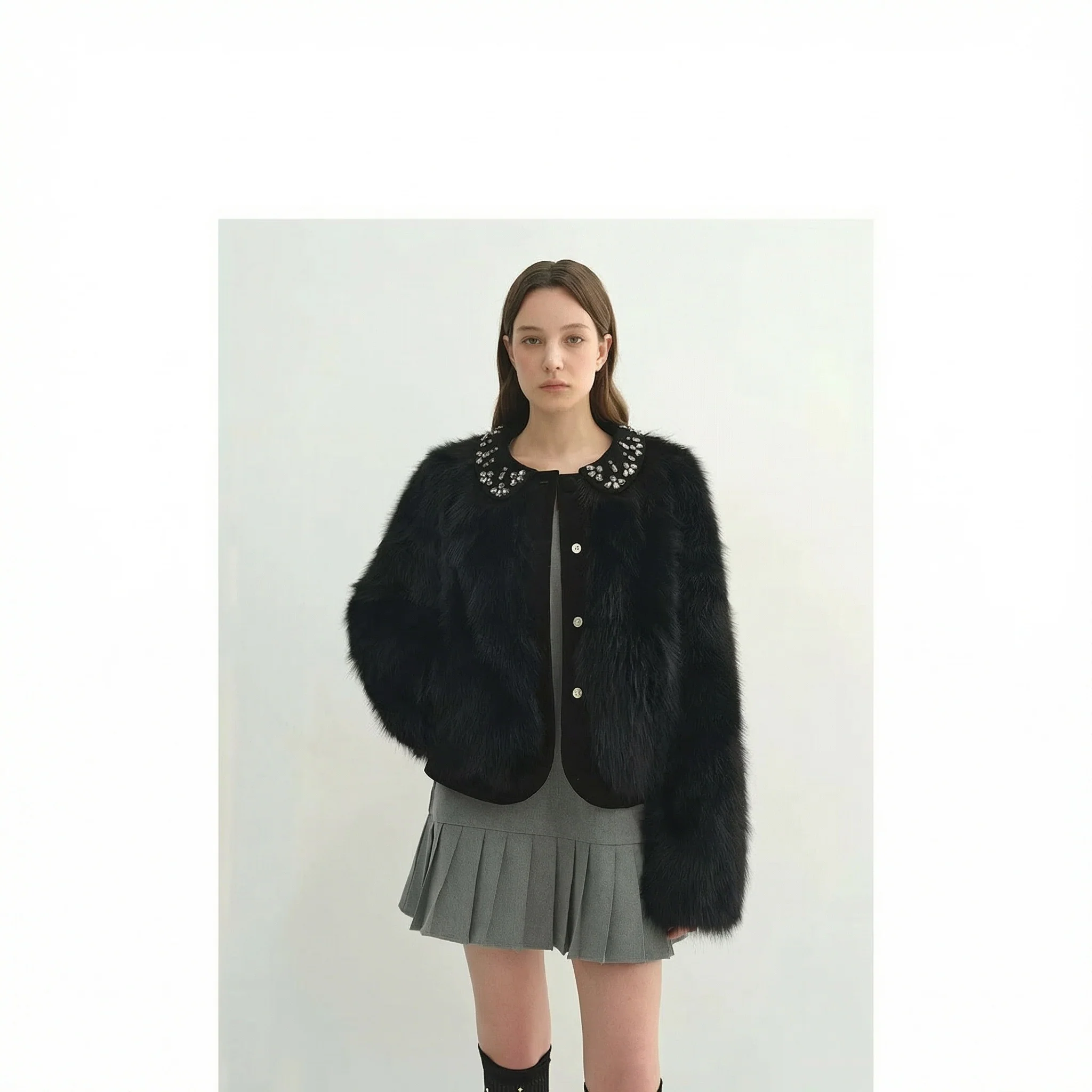 Beaded Suede-Collar Fox Fur Short Coat - Image 5