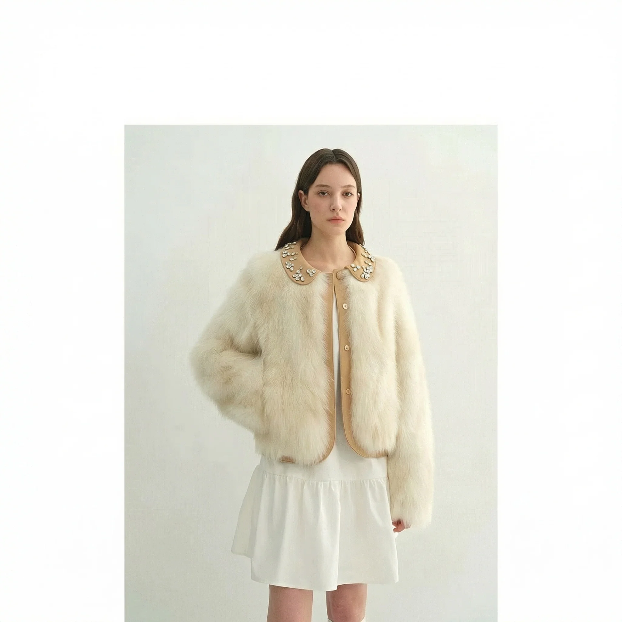 Beaded Suede-Collar Fox Fur Short Coat - Image 6