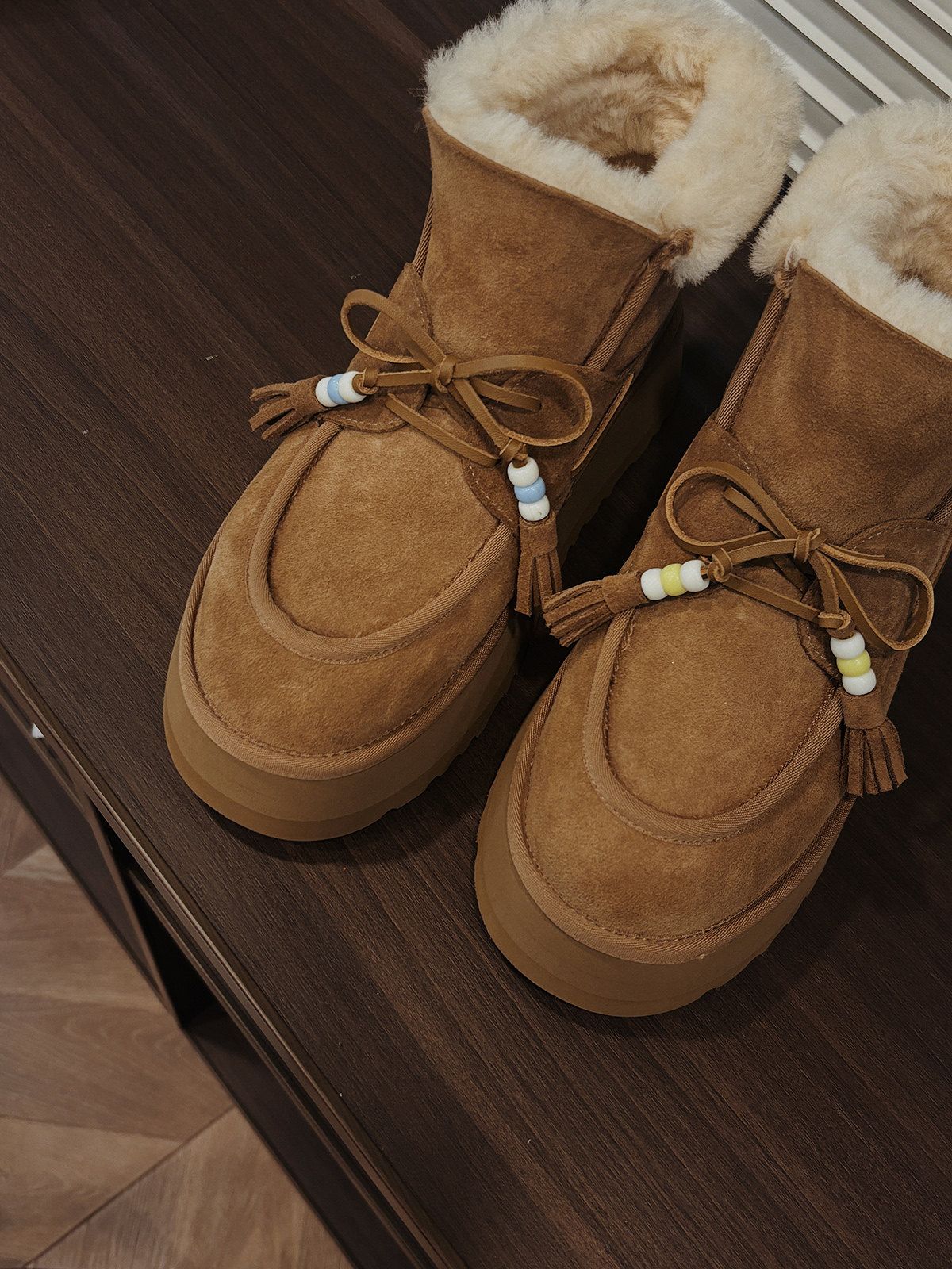 Beaded Tassel Shearling Boots