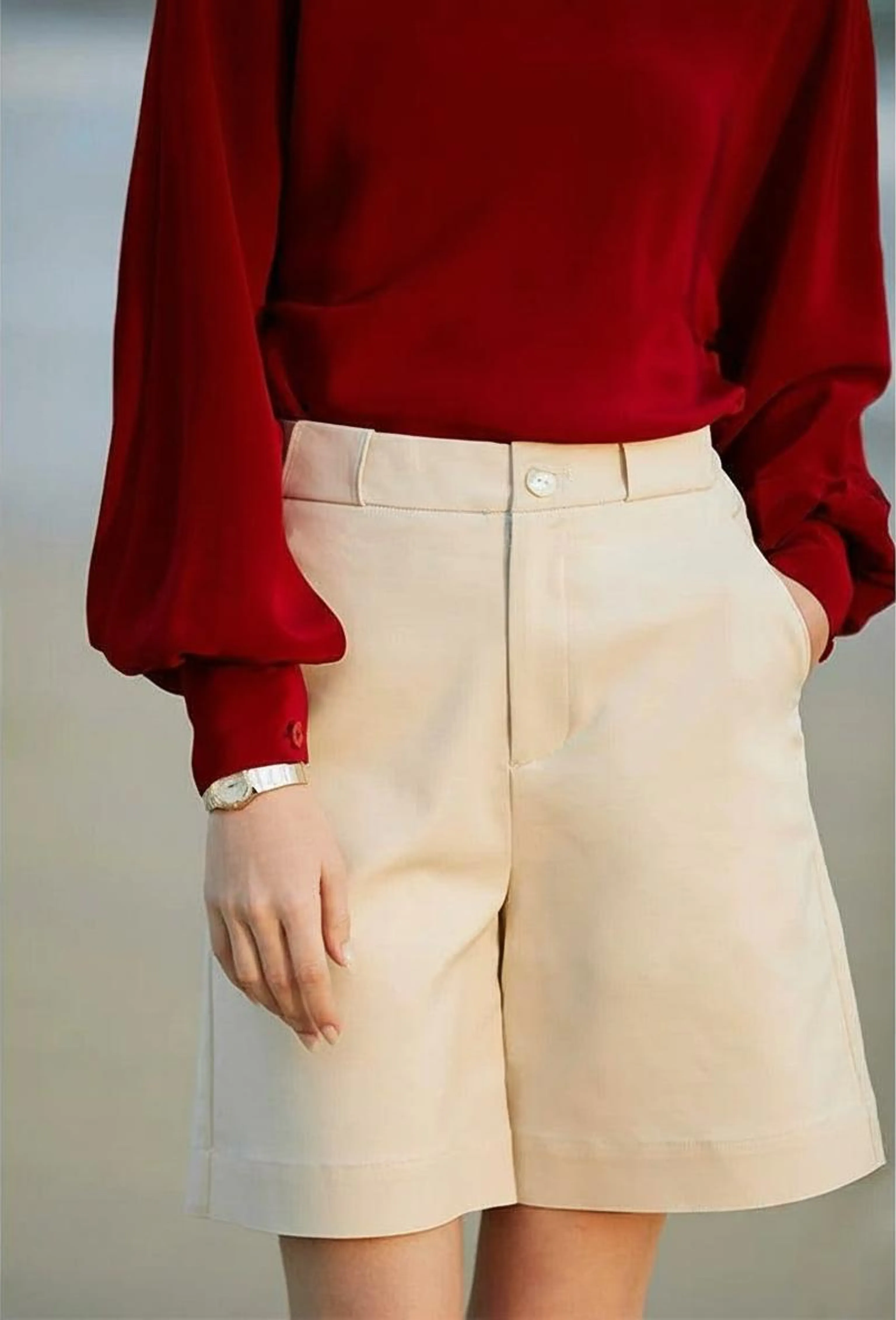 Beige High-Waist Tailored Shorts - Image 2