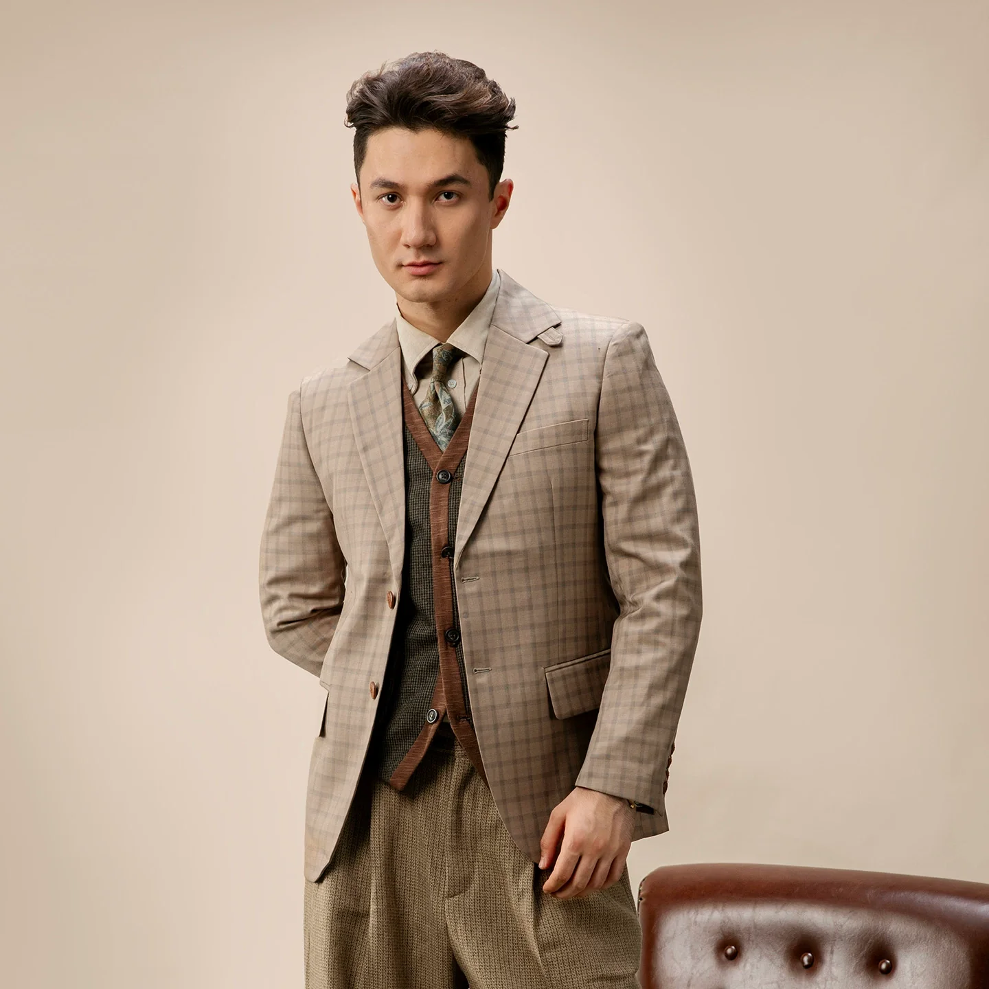Beige Windowpane Blazer - Image 4