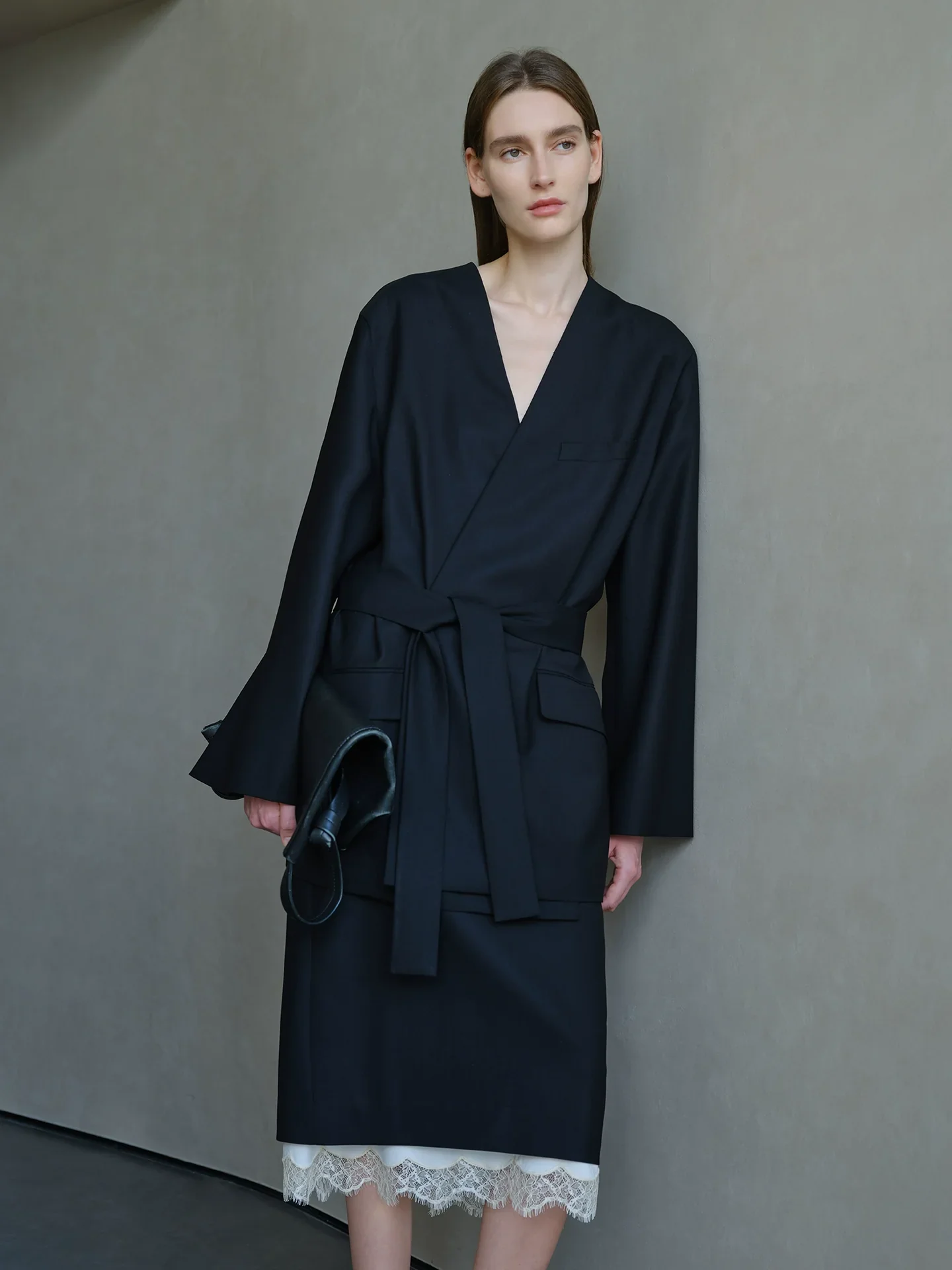 Belted Collarless Wool Blazer & Skirt