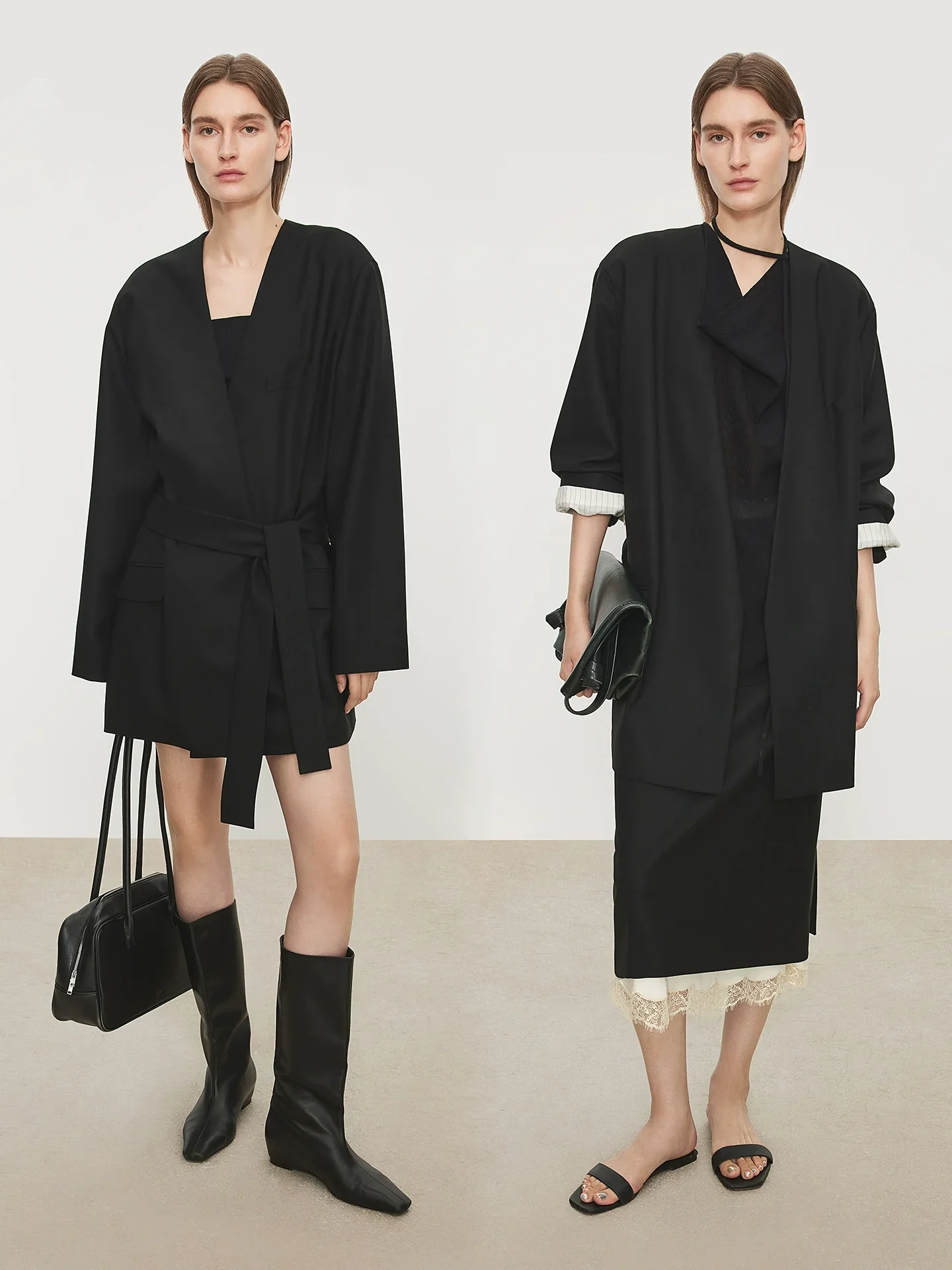 Belted Collarless Wool Blazer & Skirt - Image 4