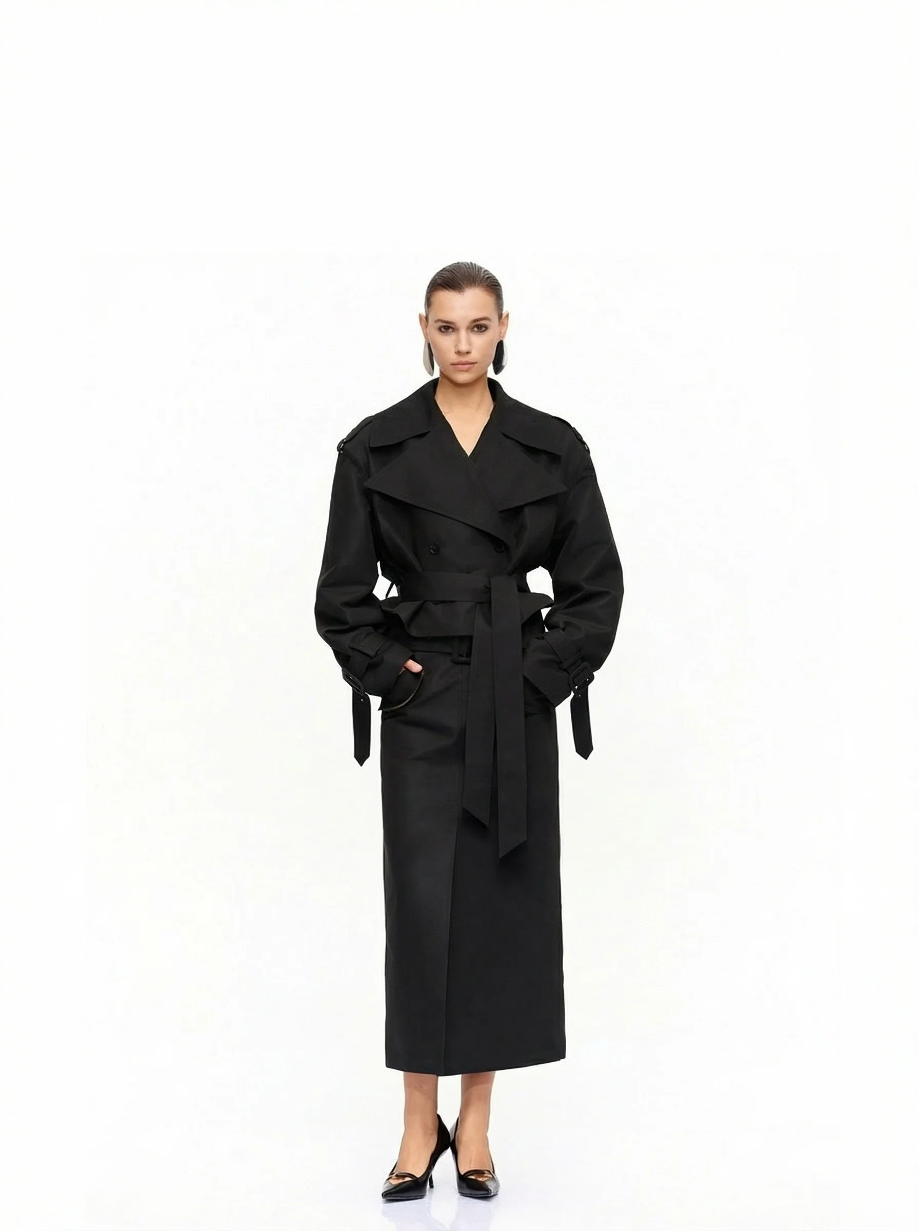 Belted Front-Slit Midi Skirt