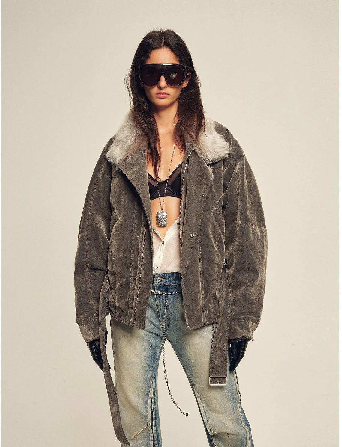Belted Fur Collar Jacket - Image 7