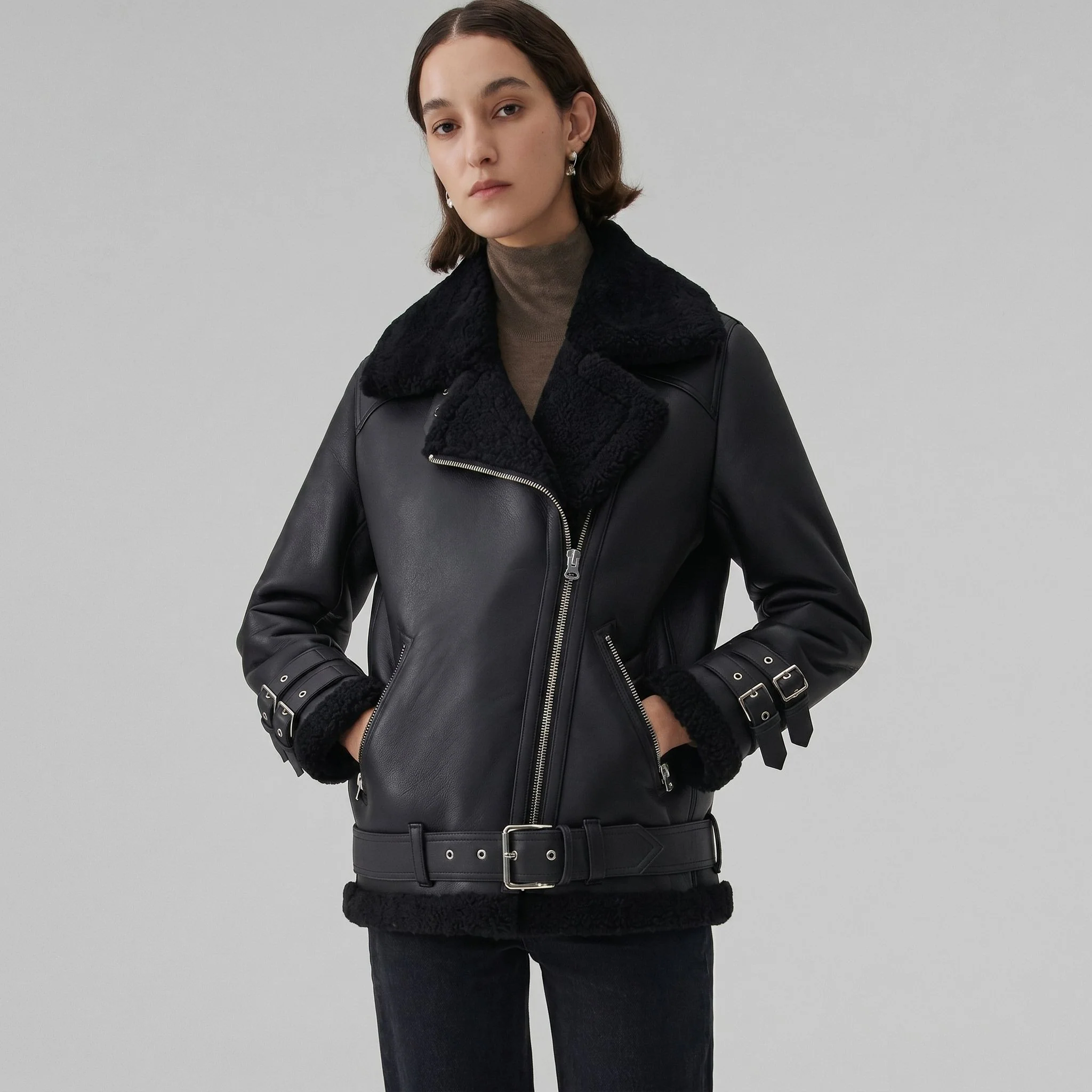 Belted Shearling Biker - Image 5