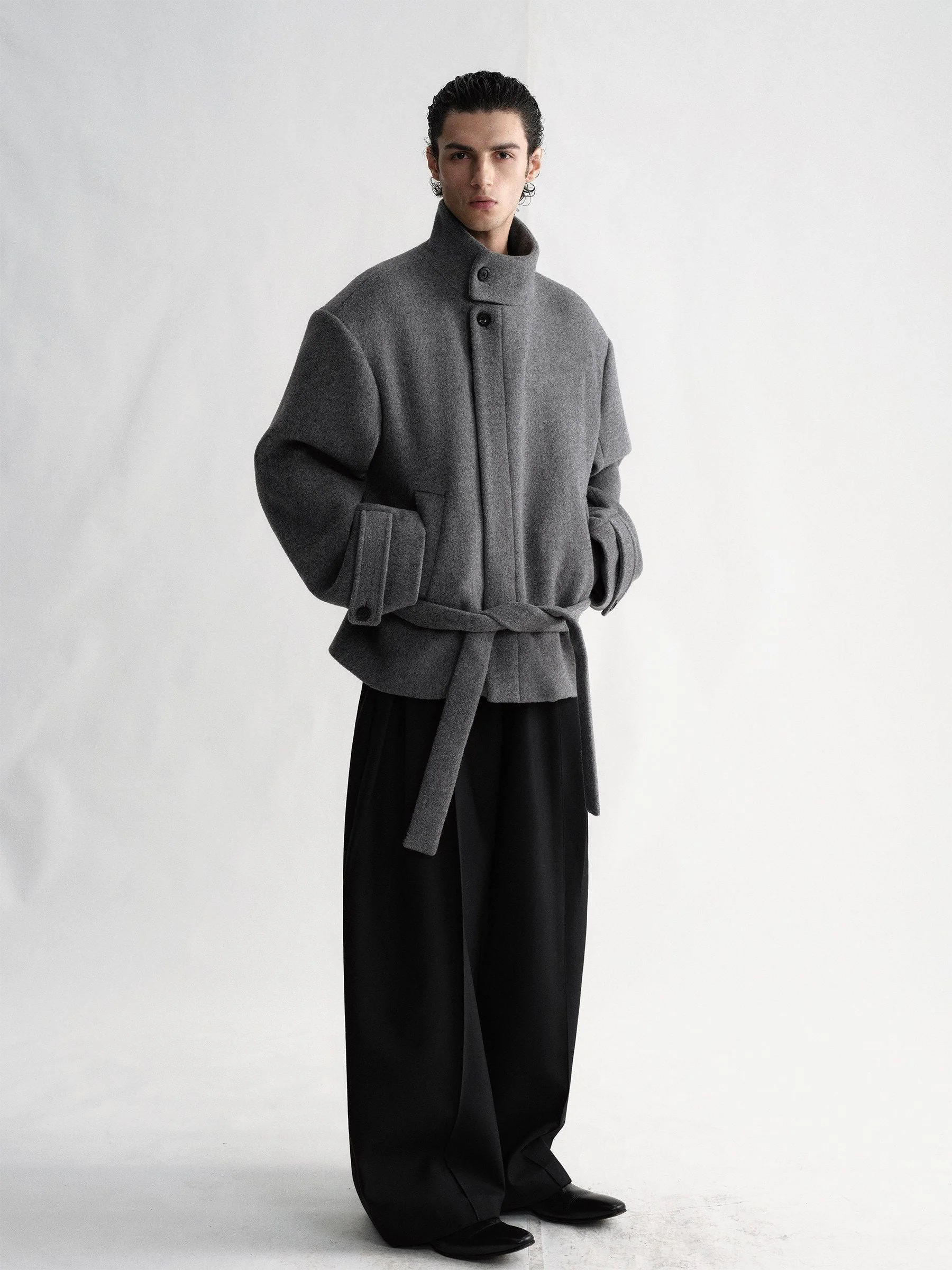 Belted Stand-Collar Jacket