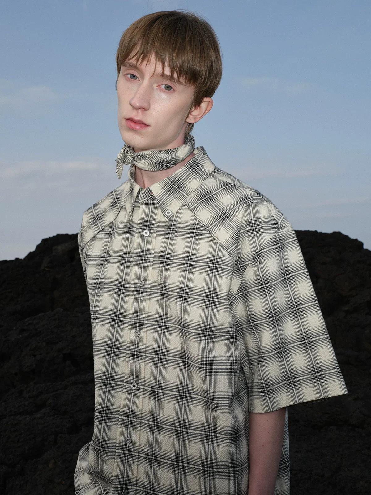 Black and White Seersucker Check Short-Sleeve Shirt - Image 4