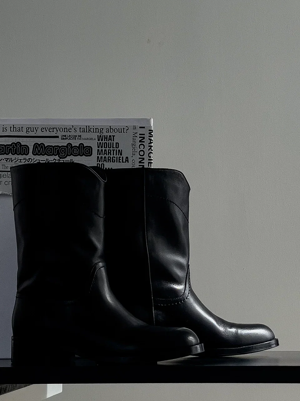 Black Calfskin Round-Toe Mid-Calf Boots
