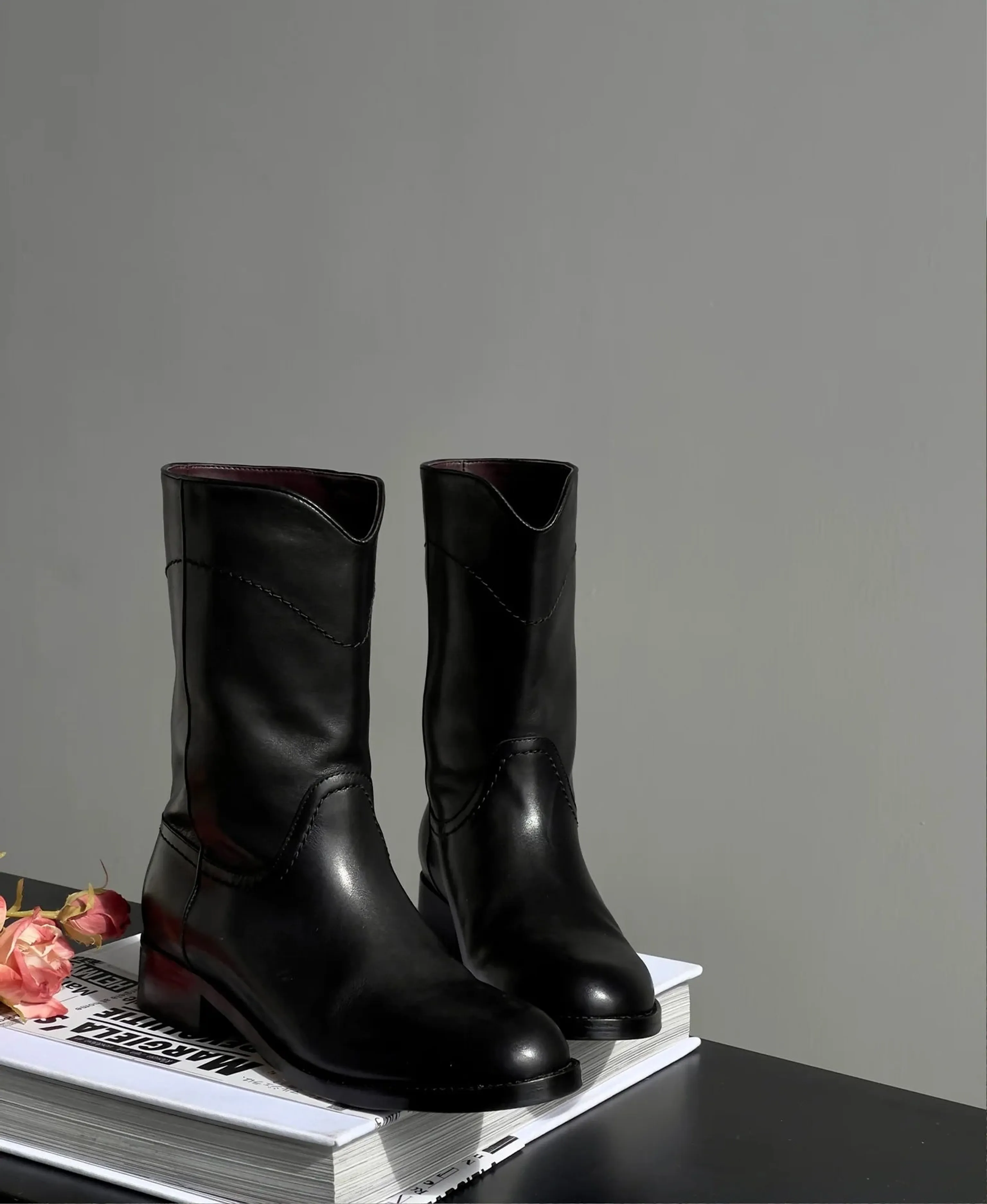 Black Calfskin Round-Toe Mid-Calf Boots - Image 2