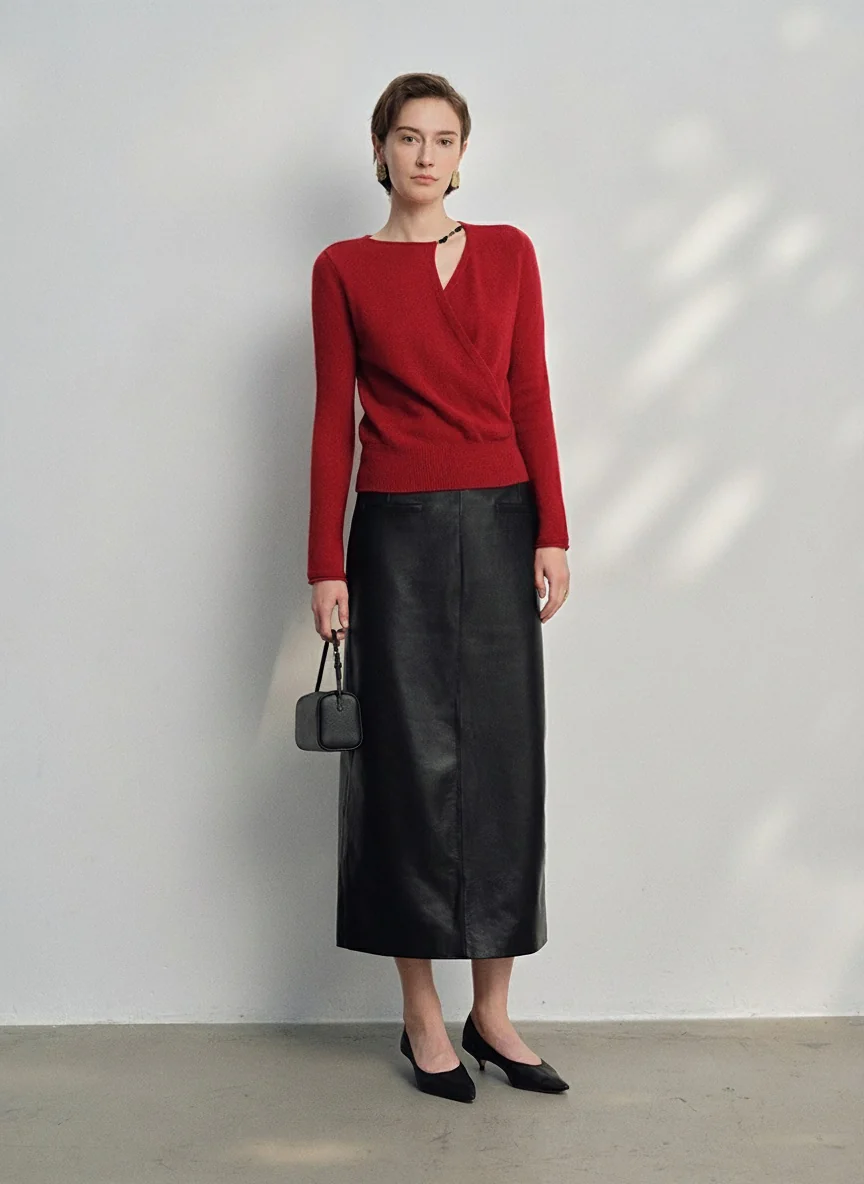 Black Sheepskin High-Waist Straight Skirt