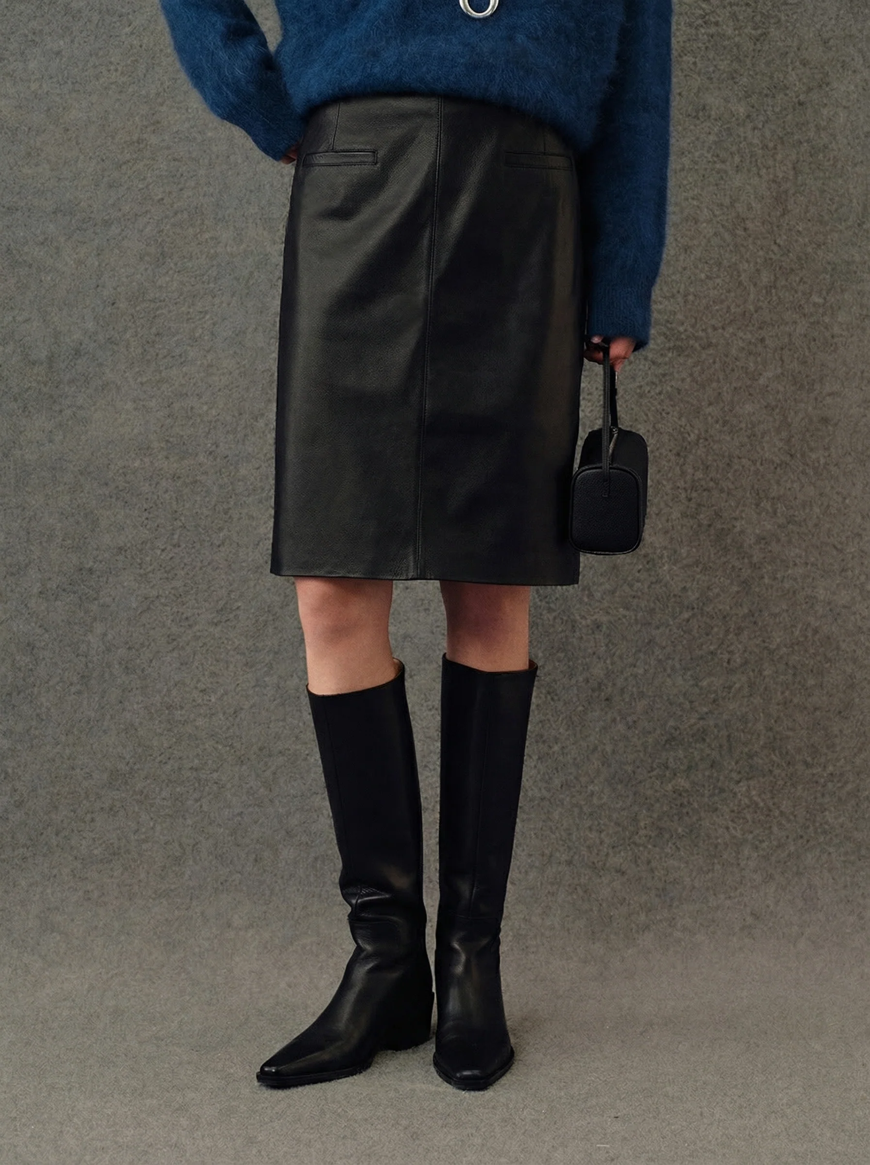 Black Sheepskin High-Waist Straight Skirt - Image 2