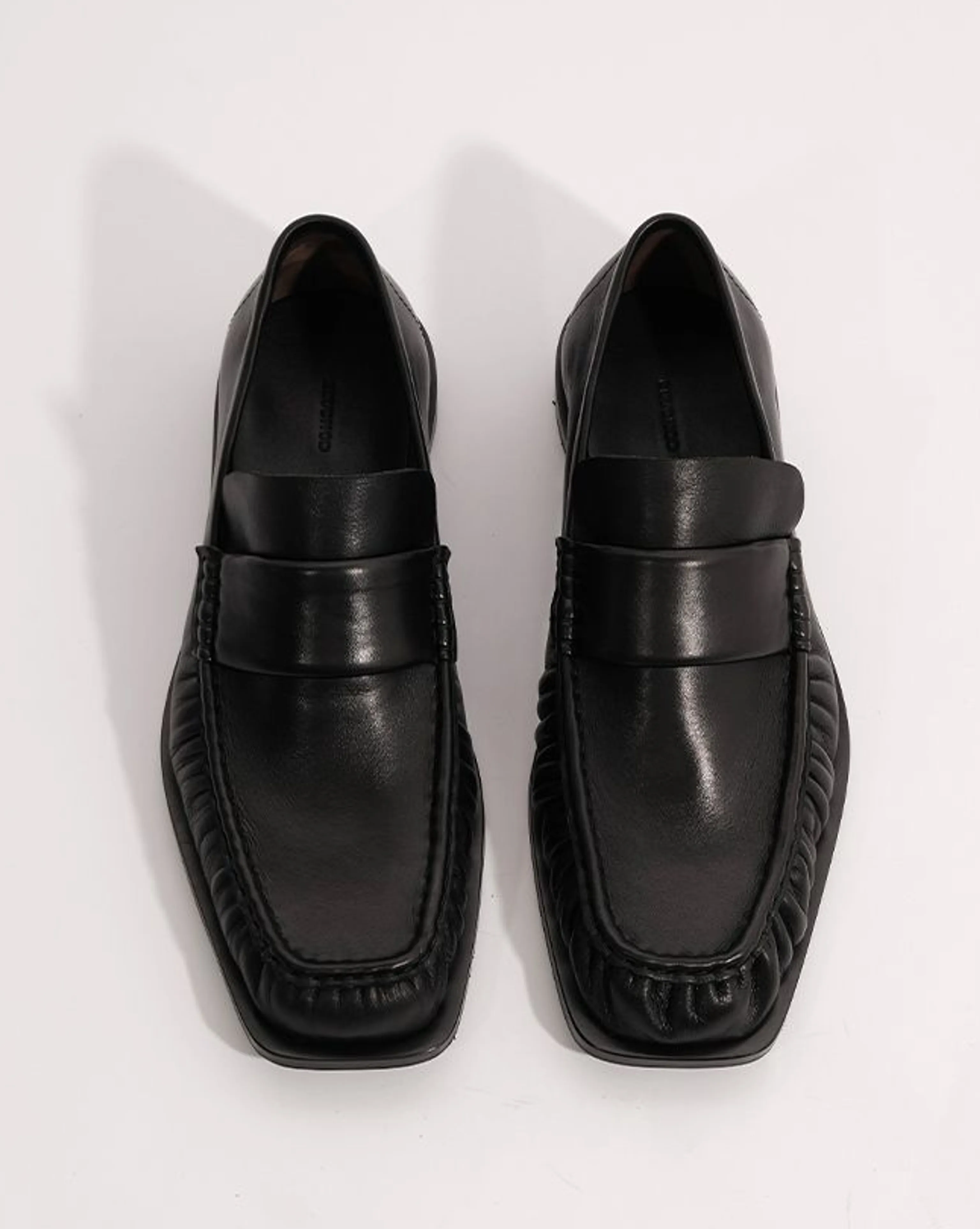 Black Square-Toe Pleated Penny Loafers