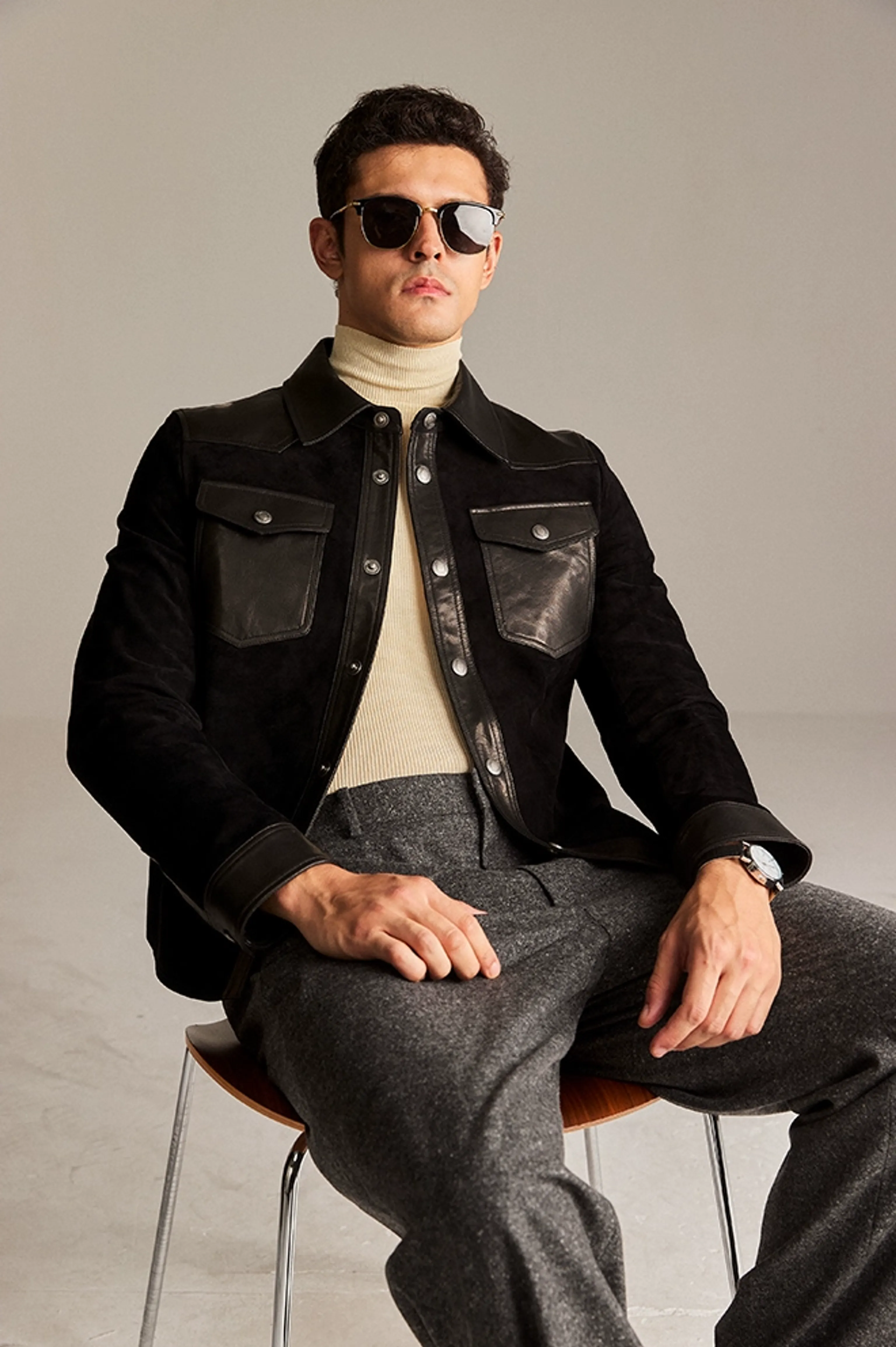 Black Suede-Leather Snap Shirt Jacket